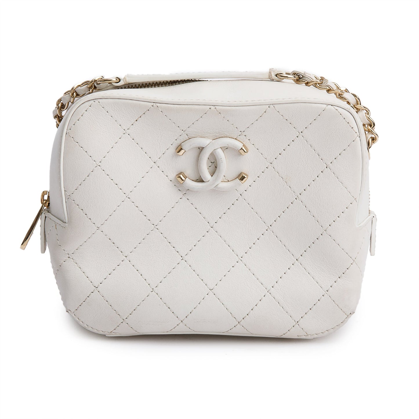 Chanel Stitched Enamel CC Camera Leather Calfskin White Travel Bag