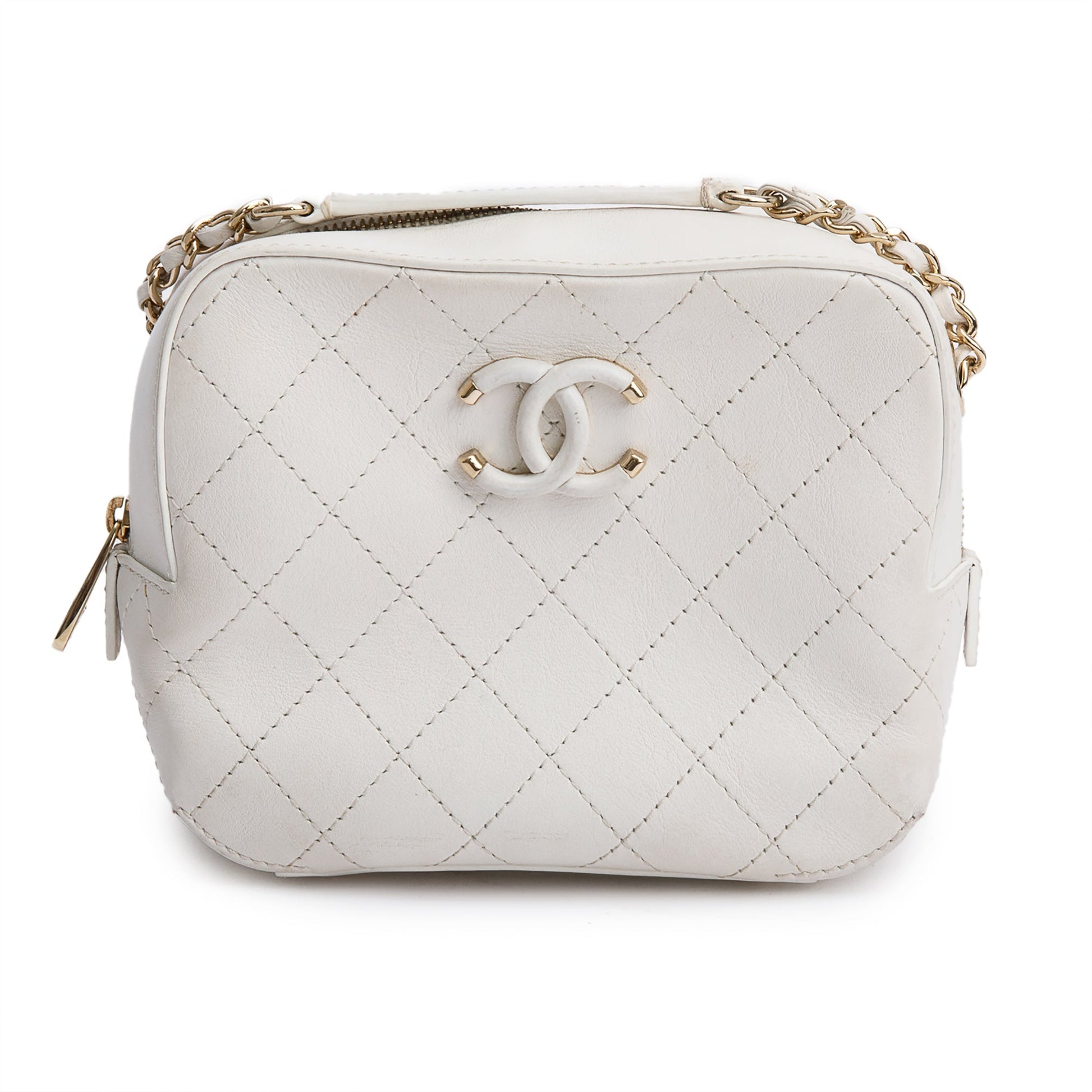 Chanel Stitched Enamel CC Camera Leather Calfskin White Travel Bag