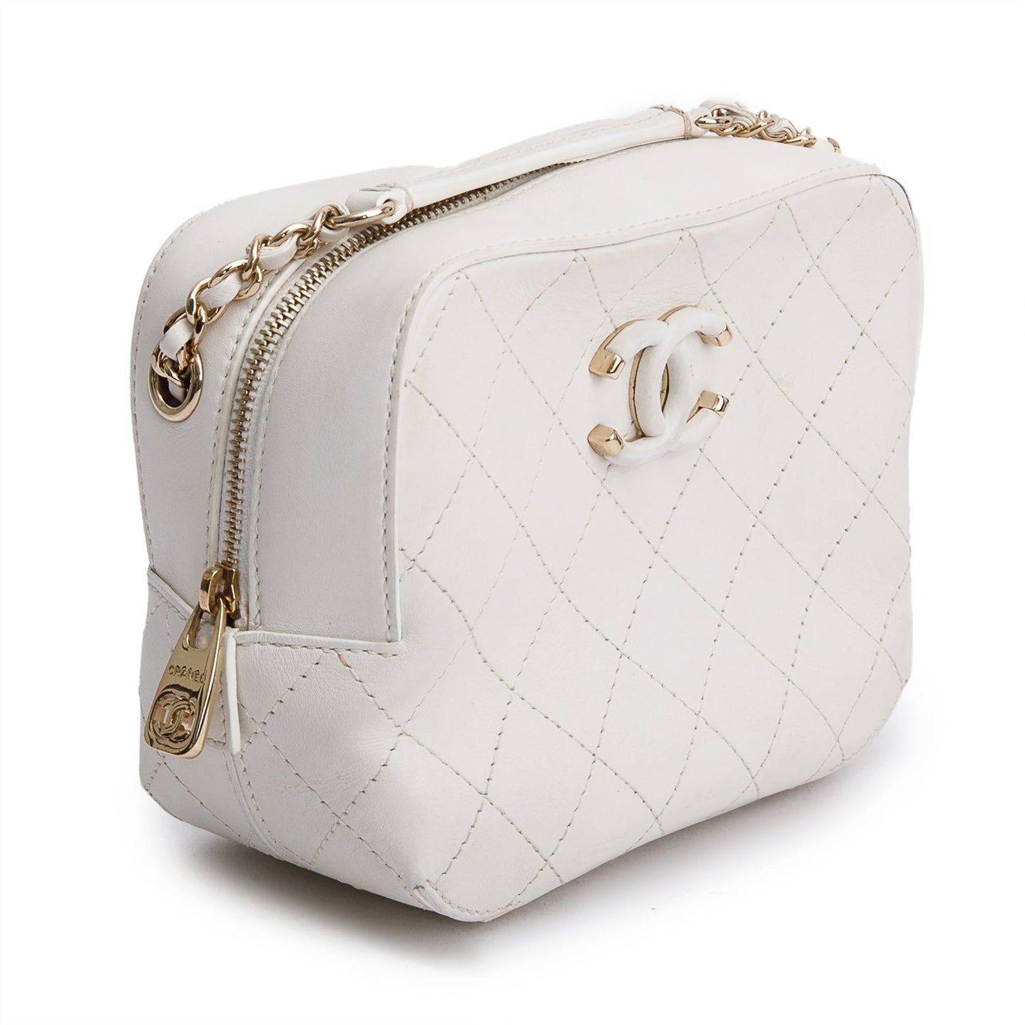 Chanel Stitched Enamel CC Camera Leather Calfskin White Travel Bag