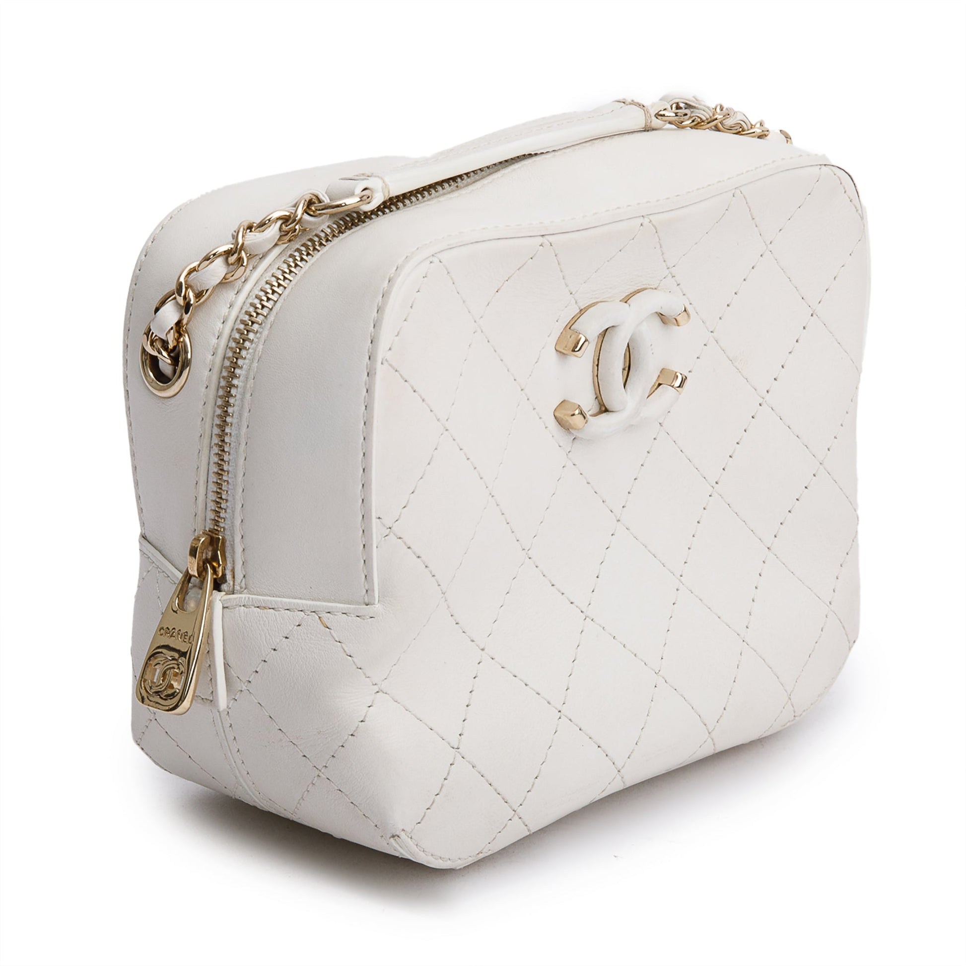 Chanel Stitched Enamel CC Camera Leather Calfskin White Travel Bag