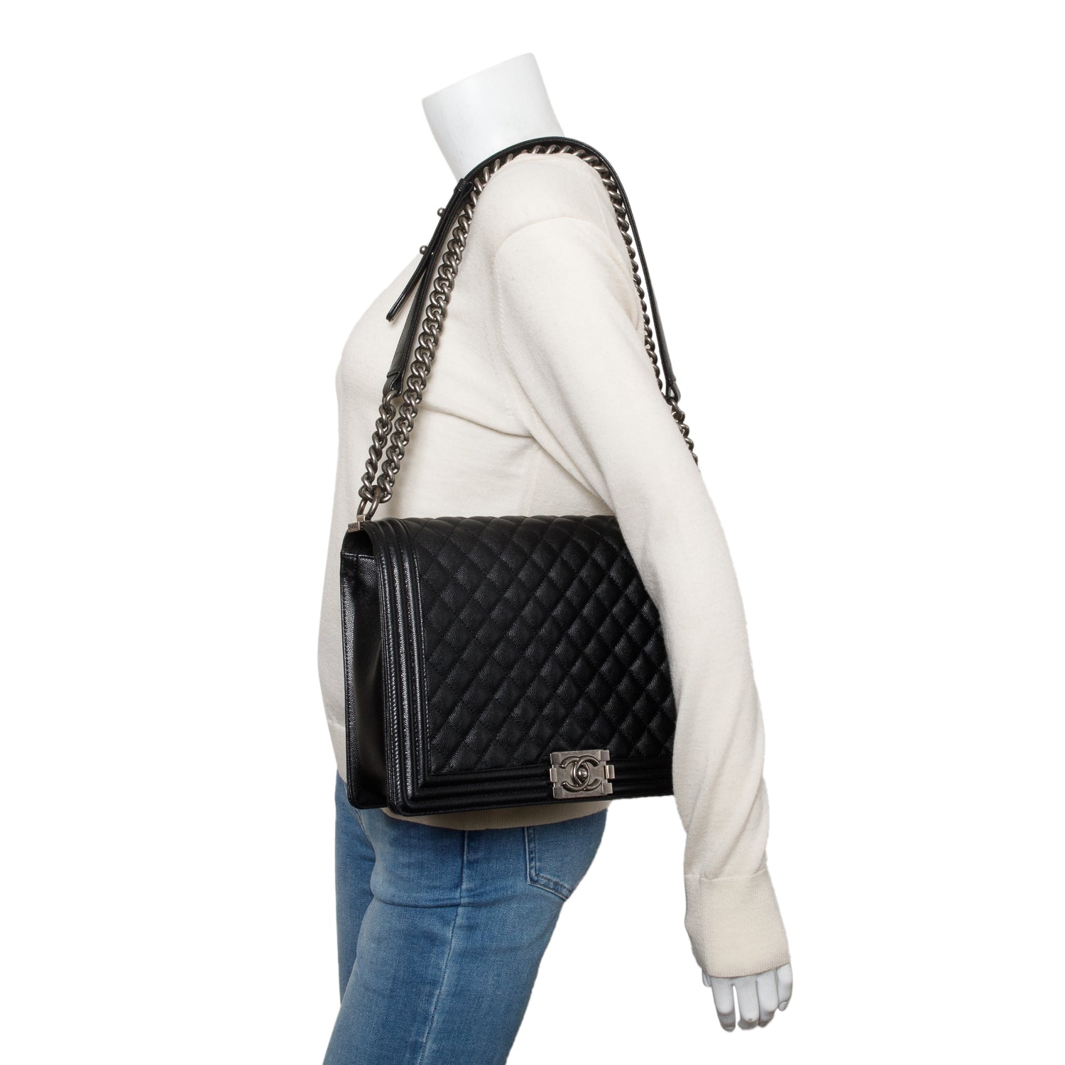 Chanel Quilted Caviar XL Boy Leather Black Travel Bag