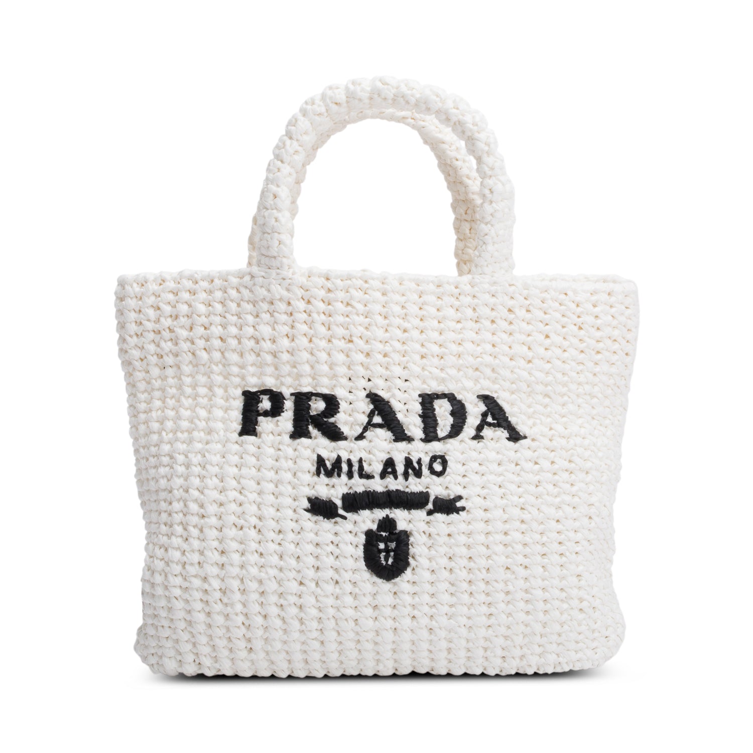 Prada Crochet Logo Tote Handbag Raffia White Tote Bag