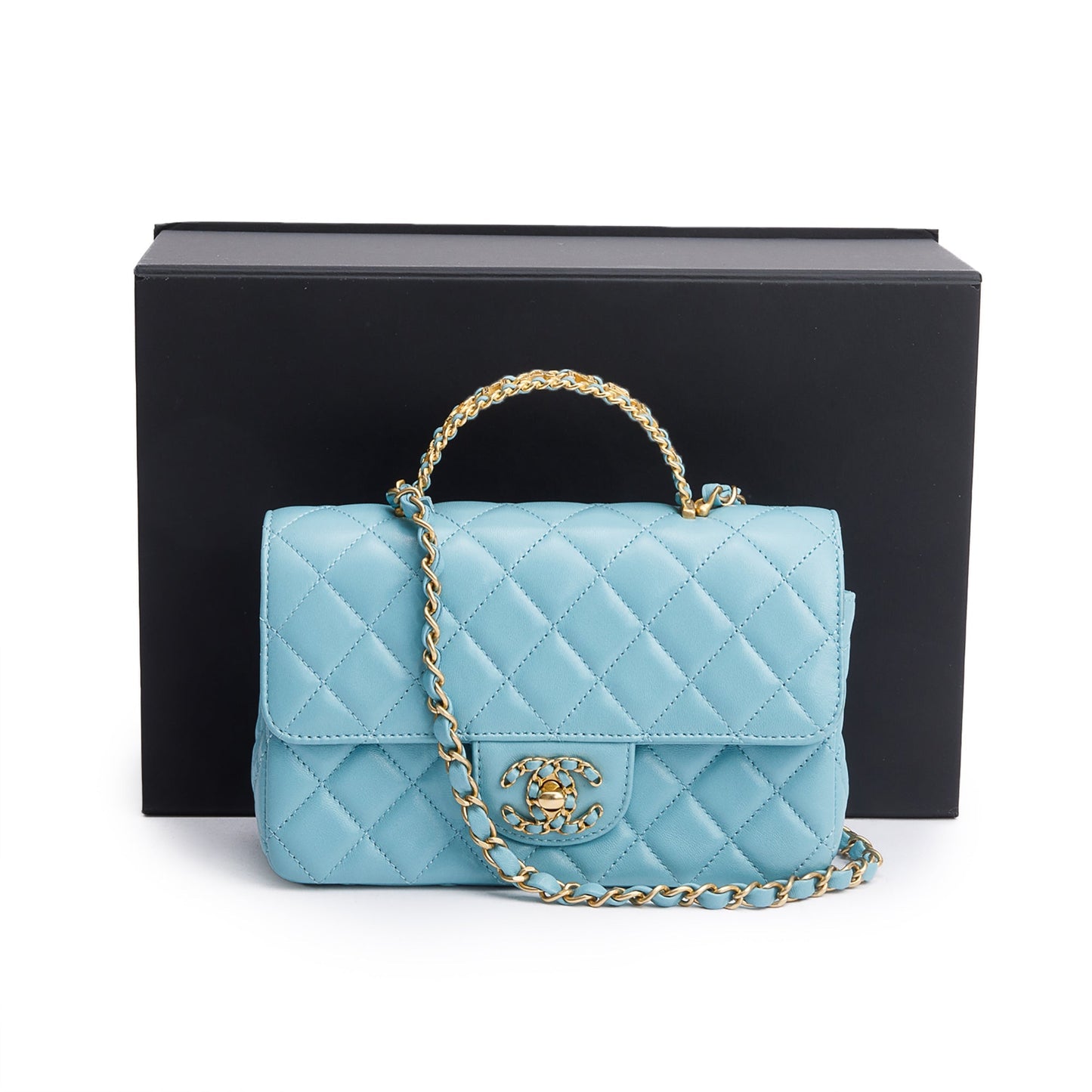 Chanel Turquoise Quilted Rectangular Crystal Top Leather Lambskin Travel Bag