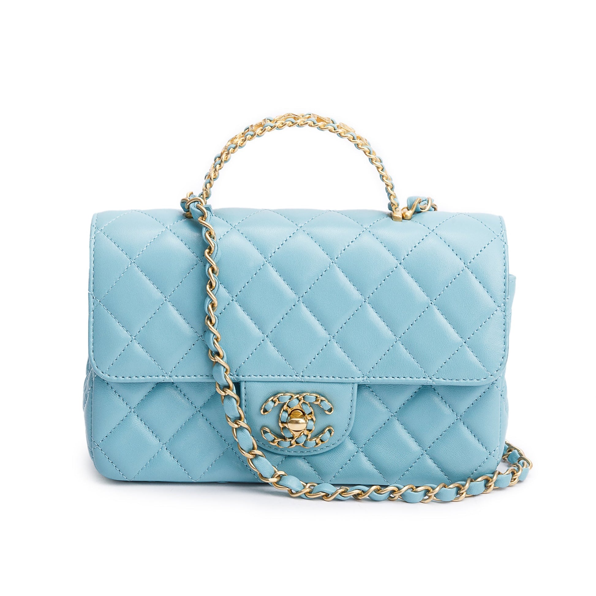 Chanel Turquoise Quilted Rectangular Crystal Top Leather Lambskin Travel Bag