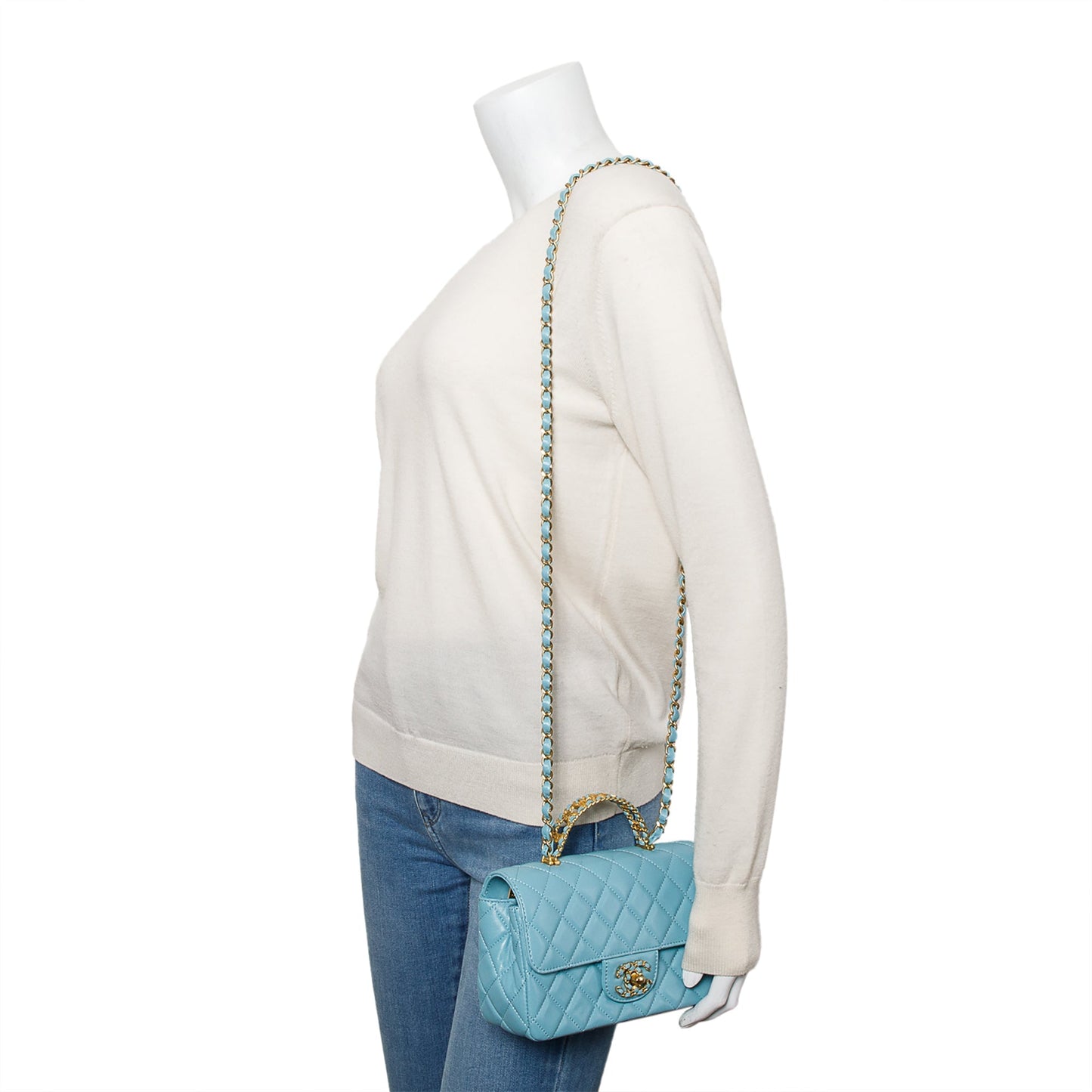 Chanel Turquoise Quilted Rectangular Crystal Top Leather Lambskin Travel Bag