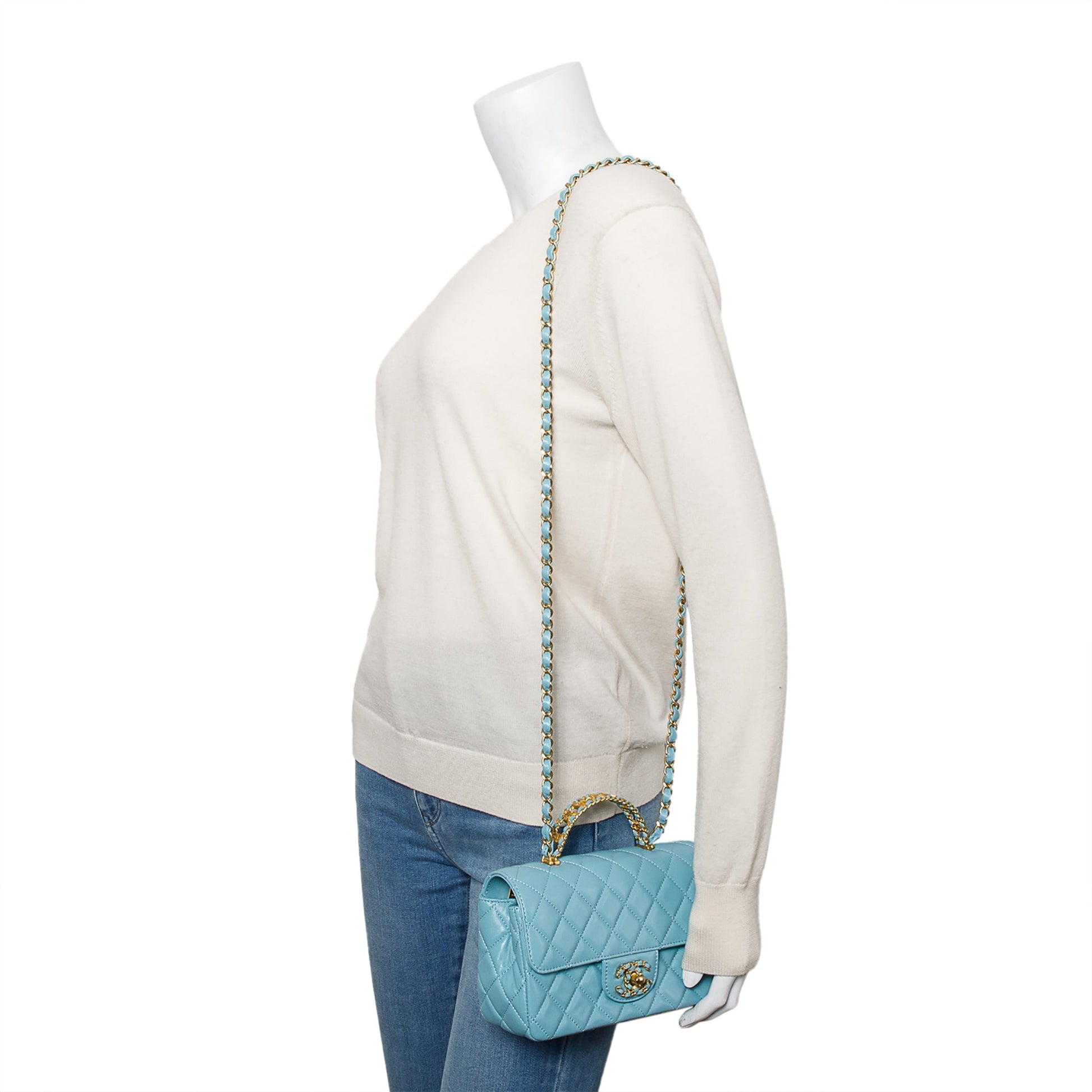 Chanel Turquoise Quilted Rectangular Crystal Top Leather Lambskin Travel Bag