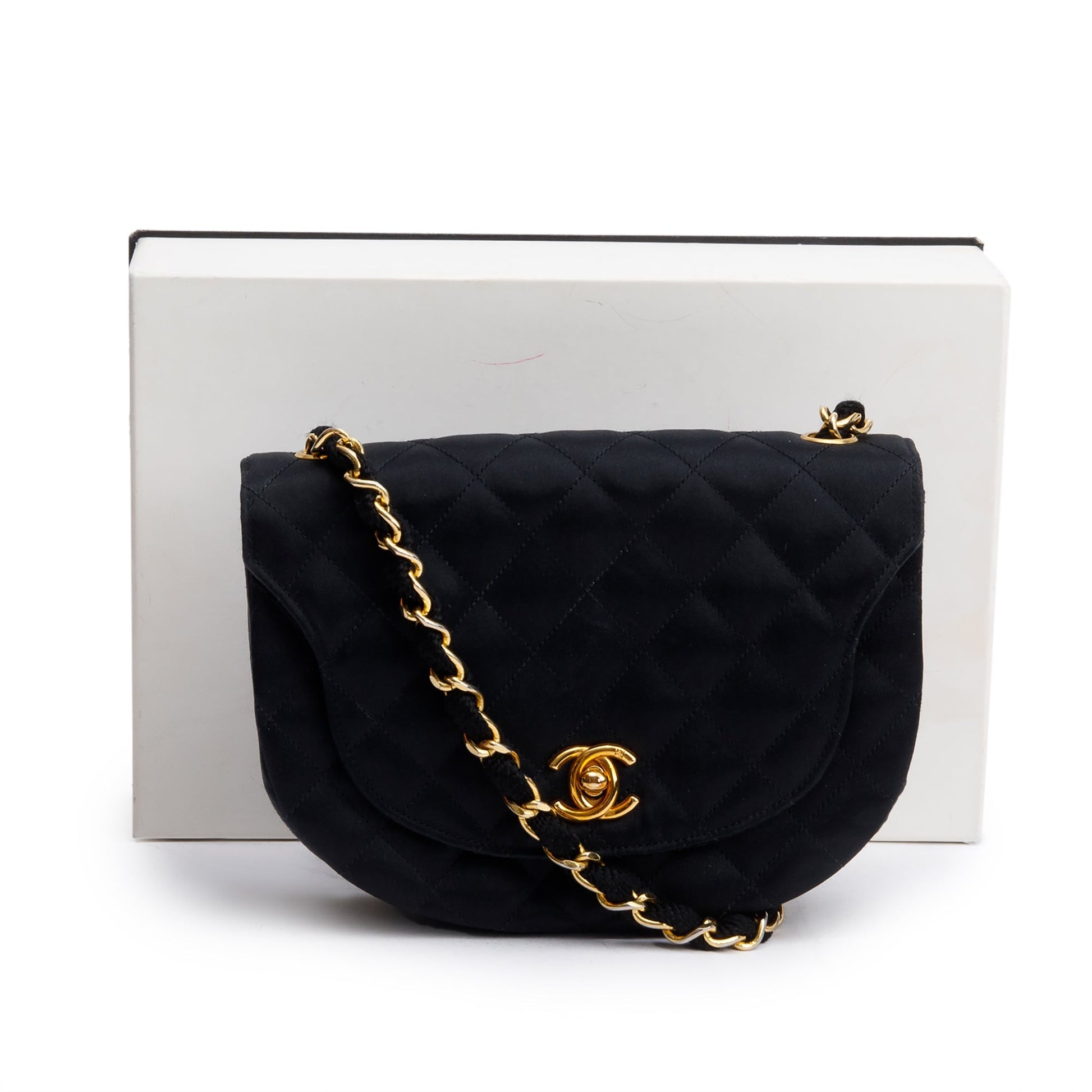 Chanel Quilted Satin Half Moon Flap Black Travel Bag