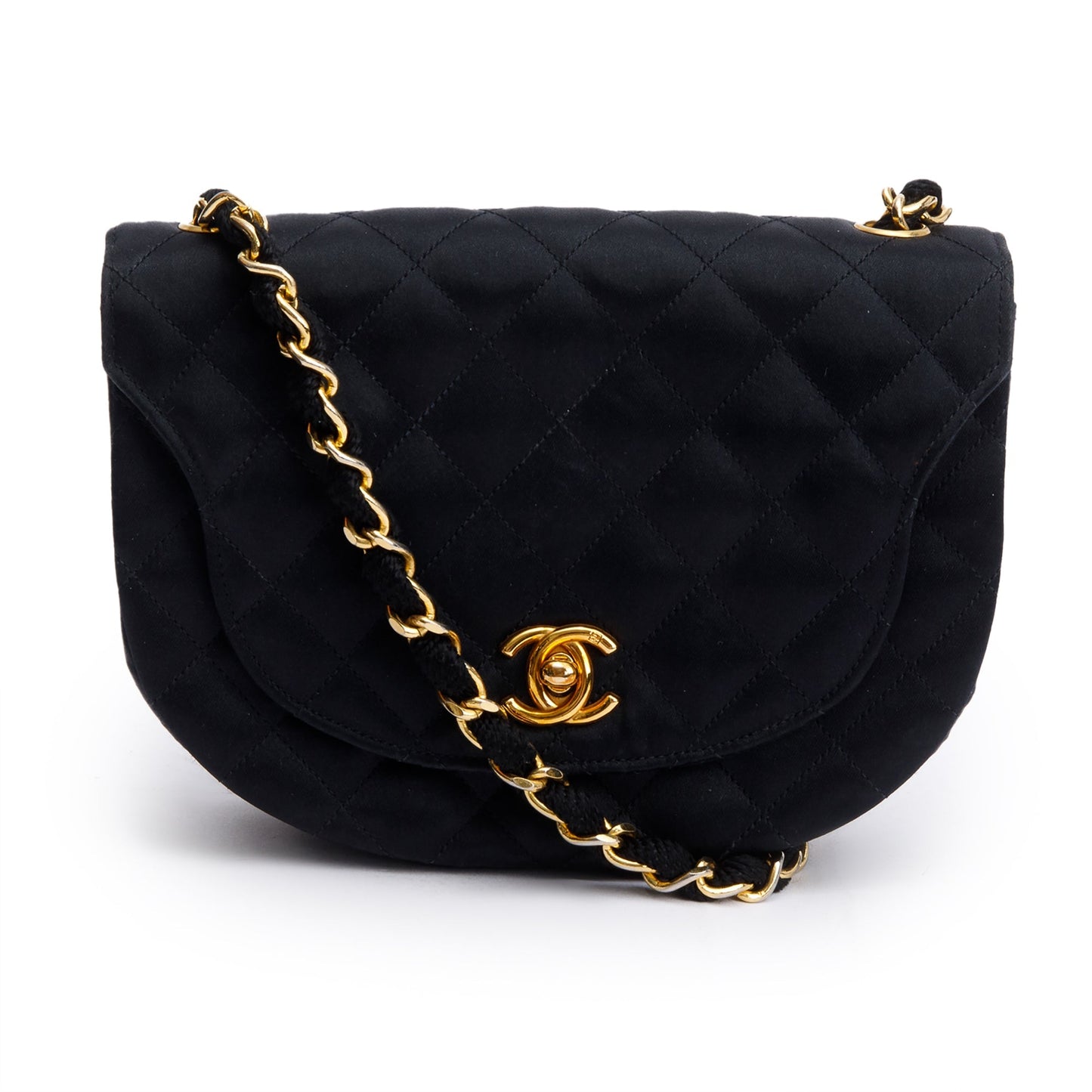 Chanel Quilted Satin Half Moon Flap Black Travel Bag