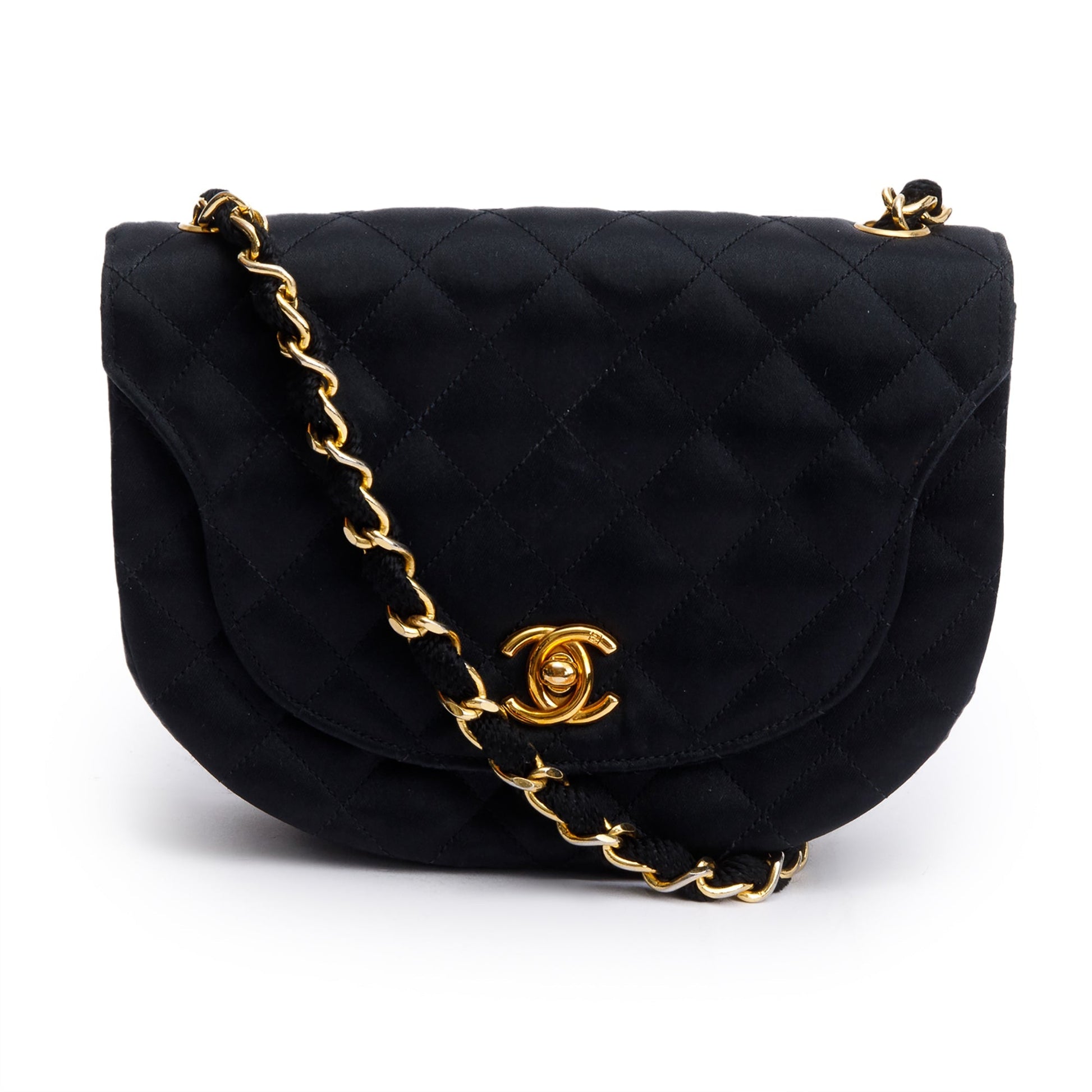 Chanel Quilted Satin Half Moon Flap Black Travel Bag