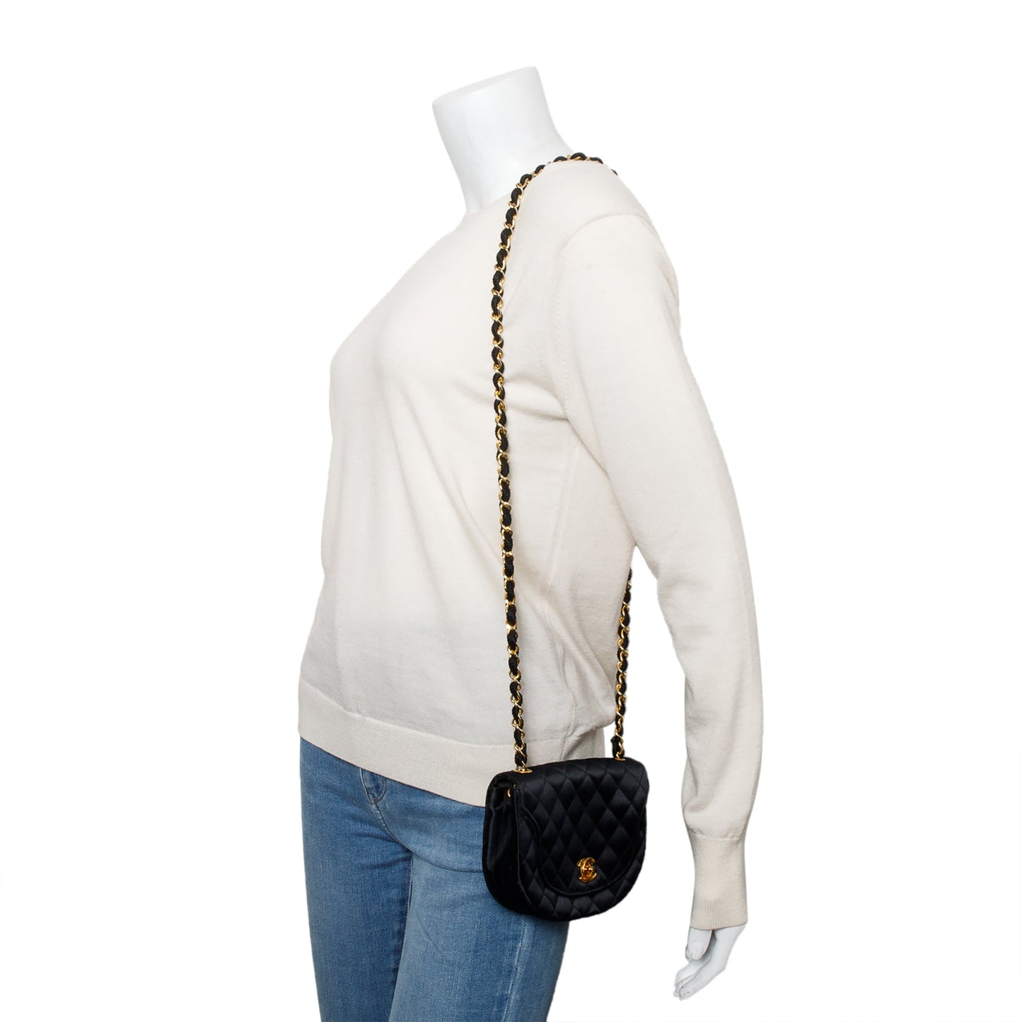 Chanel Quilted Satin Half Moon Flap Black Travel Bag