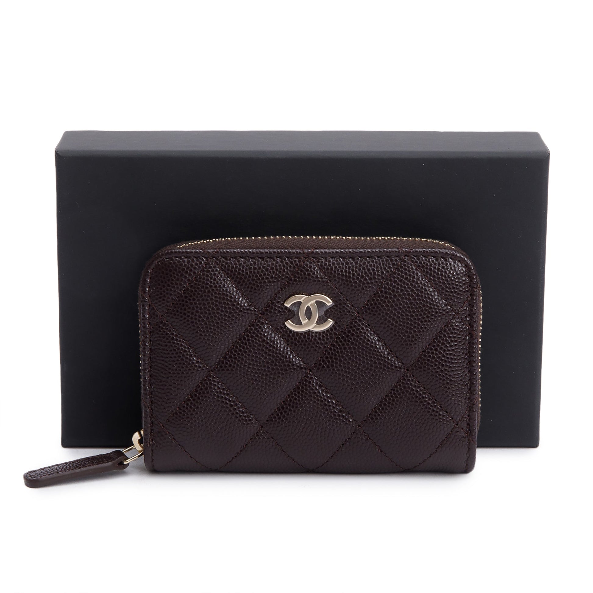 Chanel Caviar Classic Zipped Coin Purse Leather Brown Wallet Case