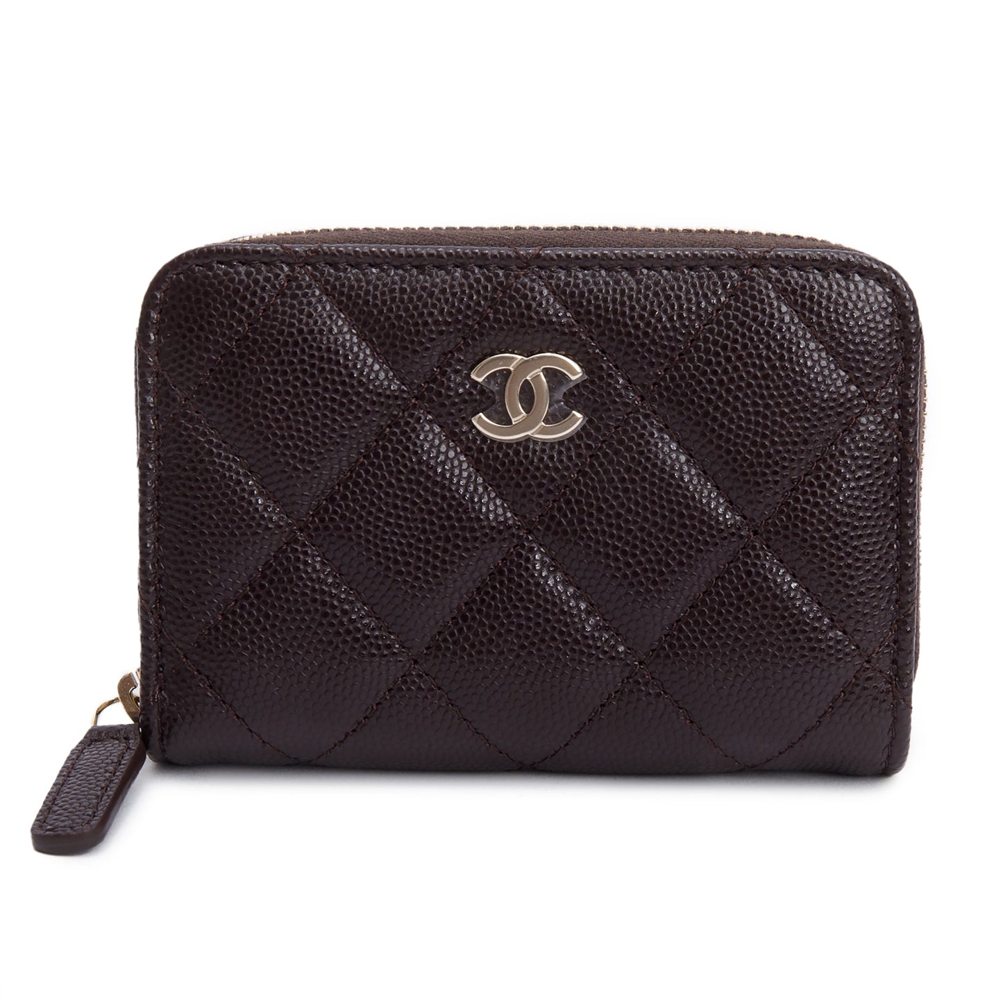 Chanel Caviar Classic Zipped Coin Purse Leather Brown Wallet Case