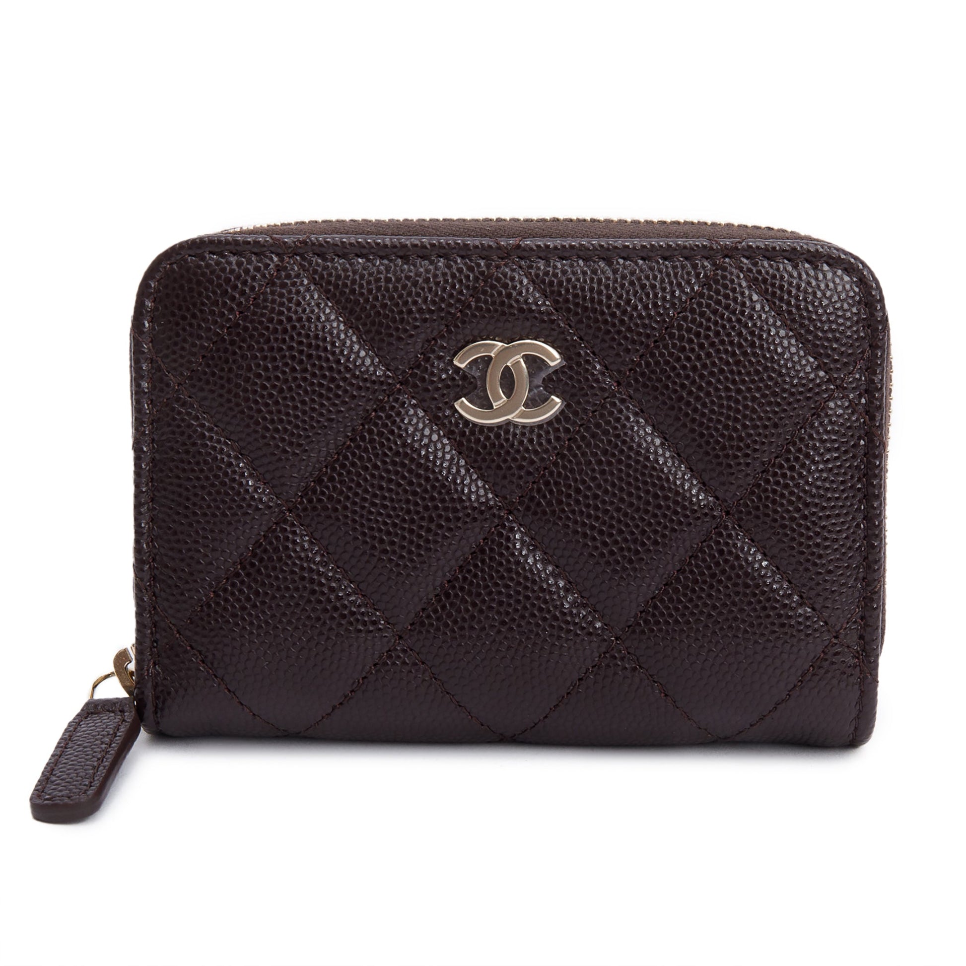 Chanel Caviar Classic Zipped Coin Purse Leather Brown Wallet Case