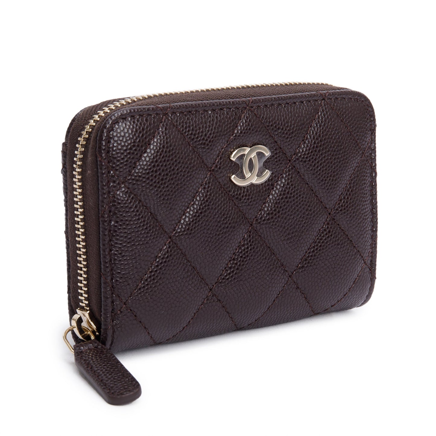Chanel Caviar Classic Zipped Coin Purse Leather Brown Wallet Case