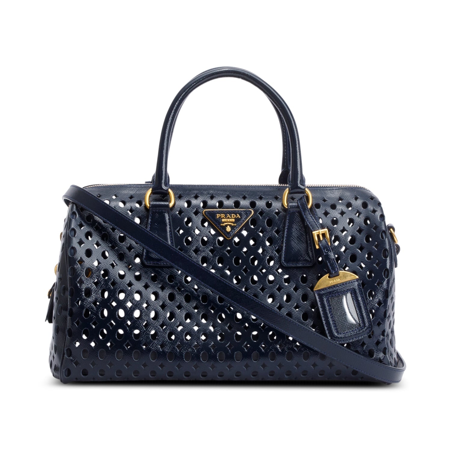 Prada Saffiano Vernice Fori Bauletto Handbag Leather Blue Travel Bag