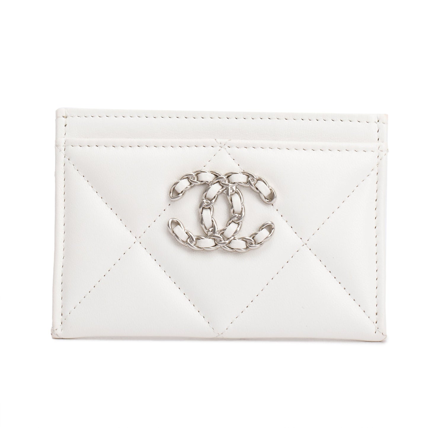 Chanel Quilted 19 Card Holder Leather Lambskin White Wallet Case