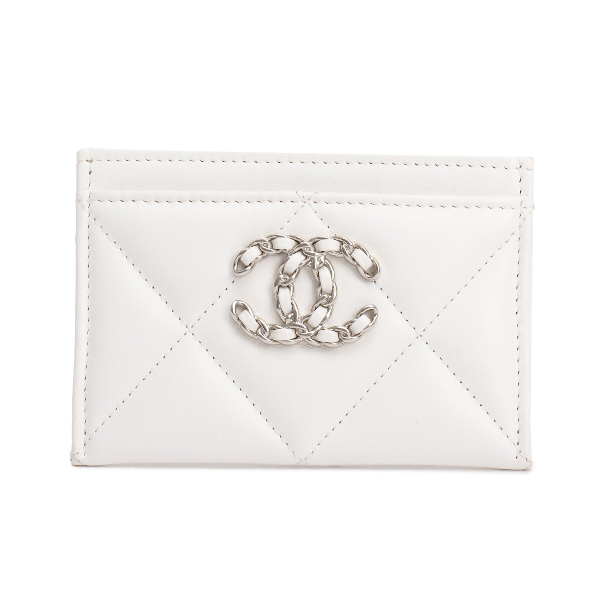 Chanel Quilted 19 Card Holder Leather Lambskin White Wallet Case
