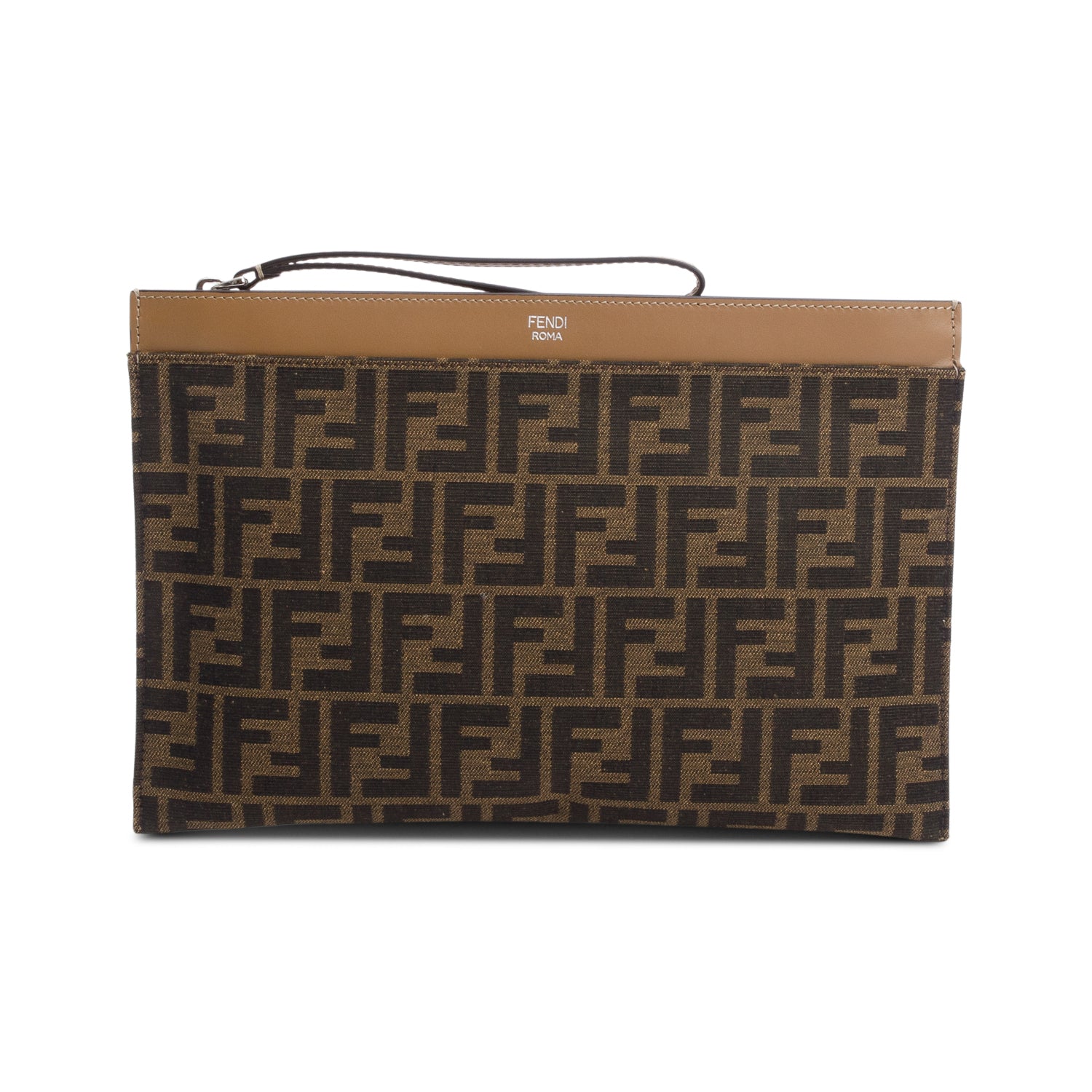 Fendi Ff Zucca Beige Large Flat Pouch Travel Leather Canvas Shoes