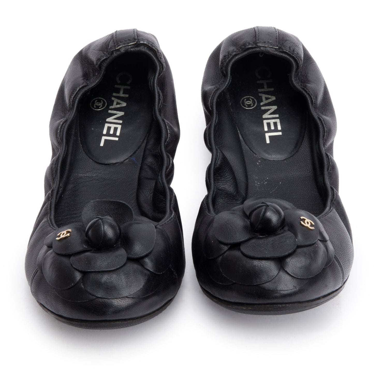 Chanel Interlocking CC Logo Camellia Ballet Leather Black Shoes