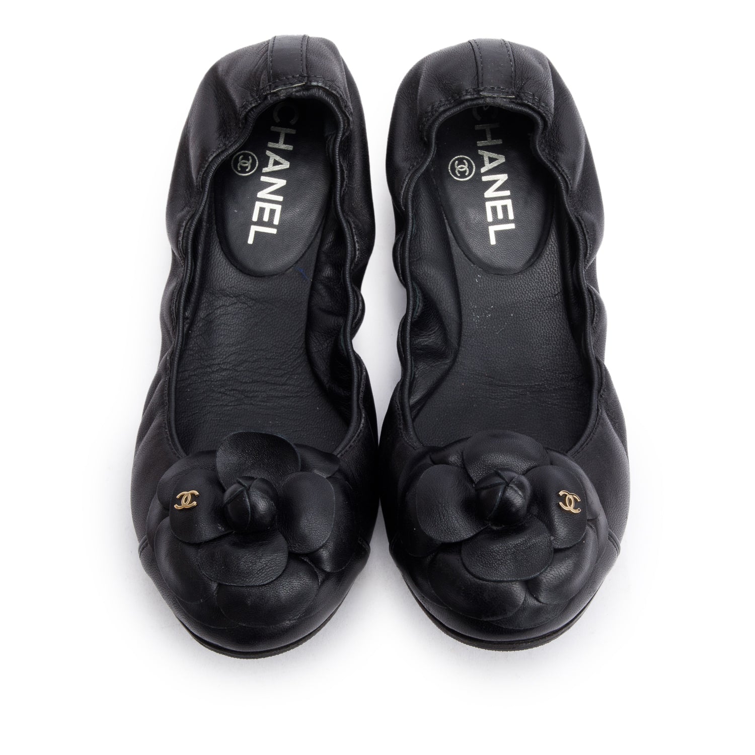 Chanel Interlocking CC Logo Camellia Ballet Leather Black Shoes