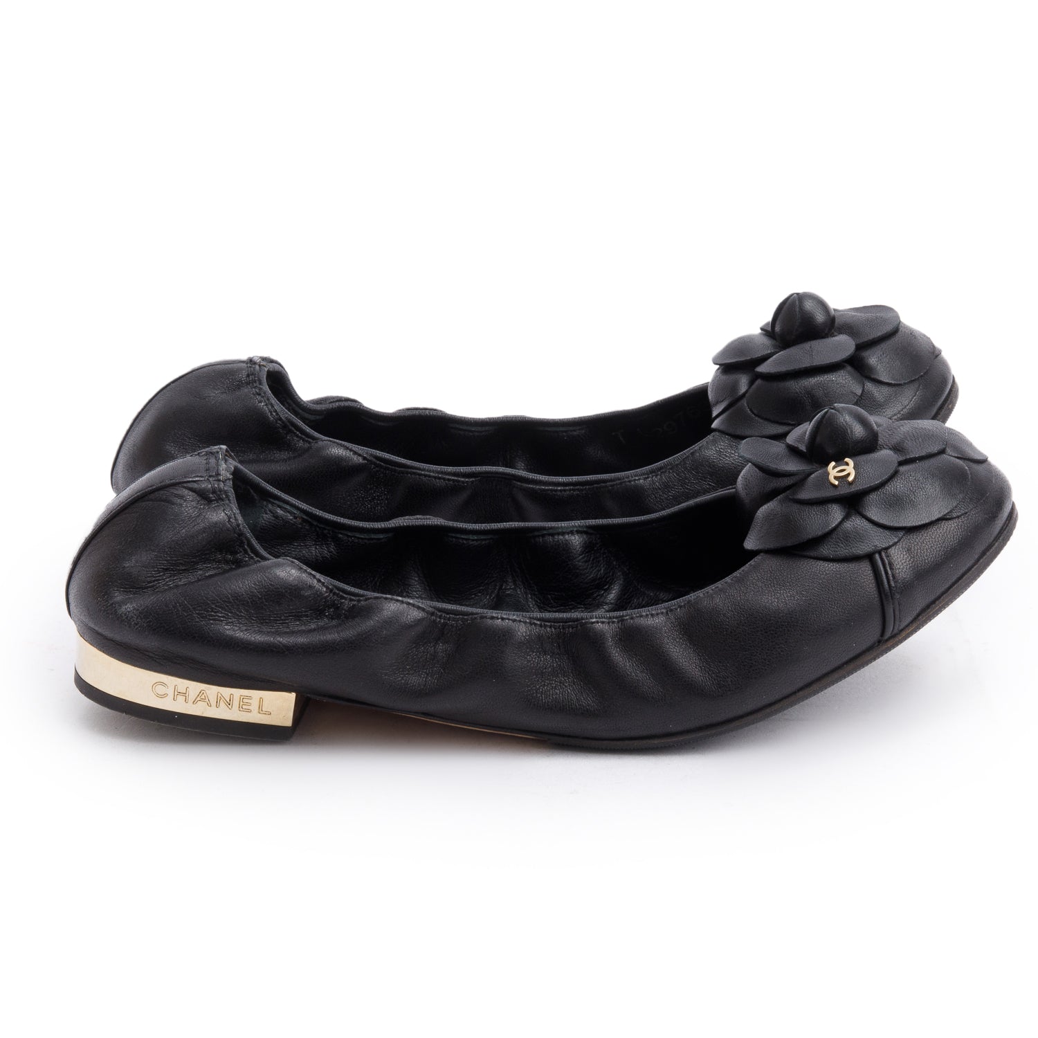 Chanel Interlocking CC Logo Camellia Ballet Leather Black Shoes