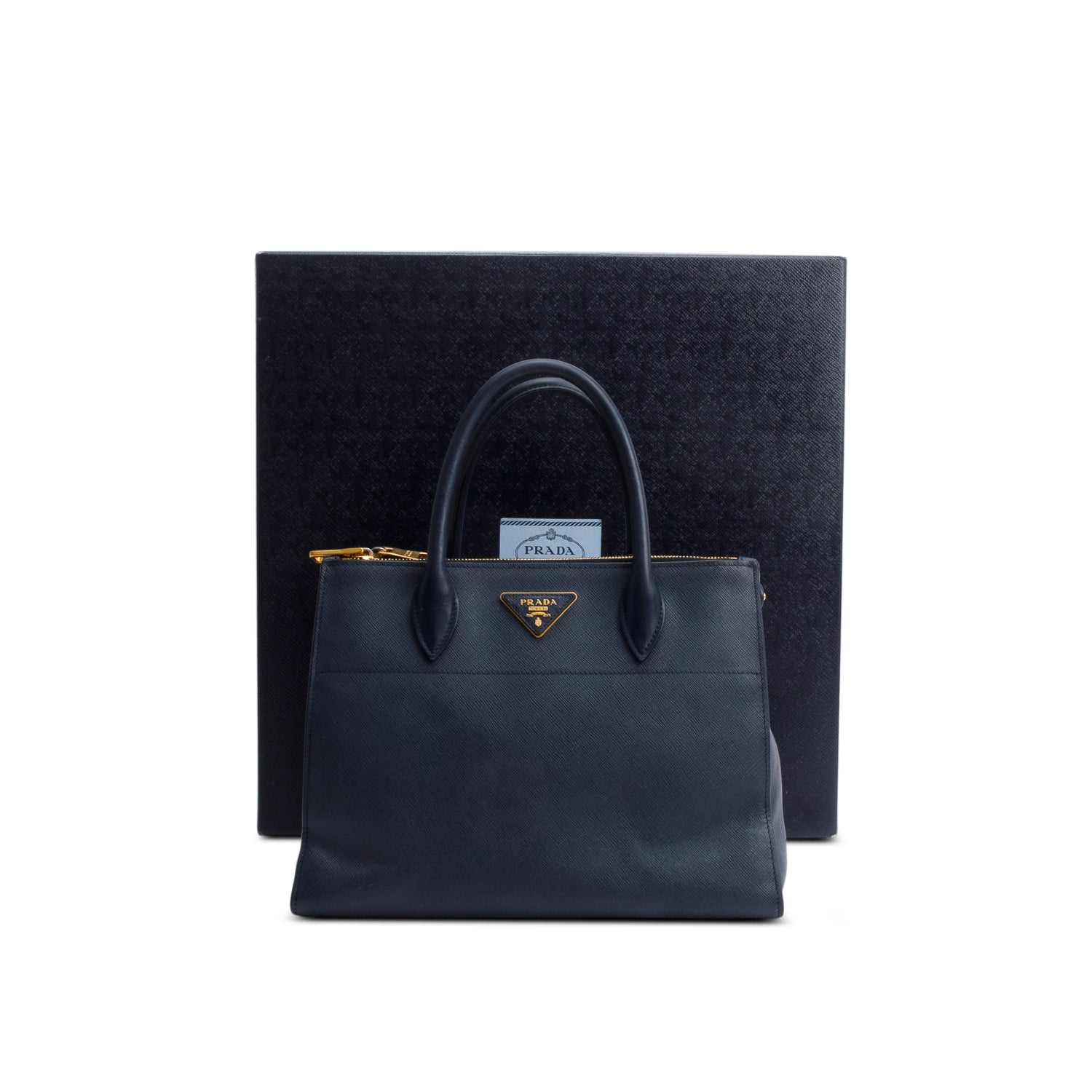 Prada Navy Saffiano & City Calf Greche Paradigme Leather Medium Tote Bag