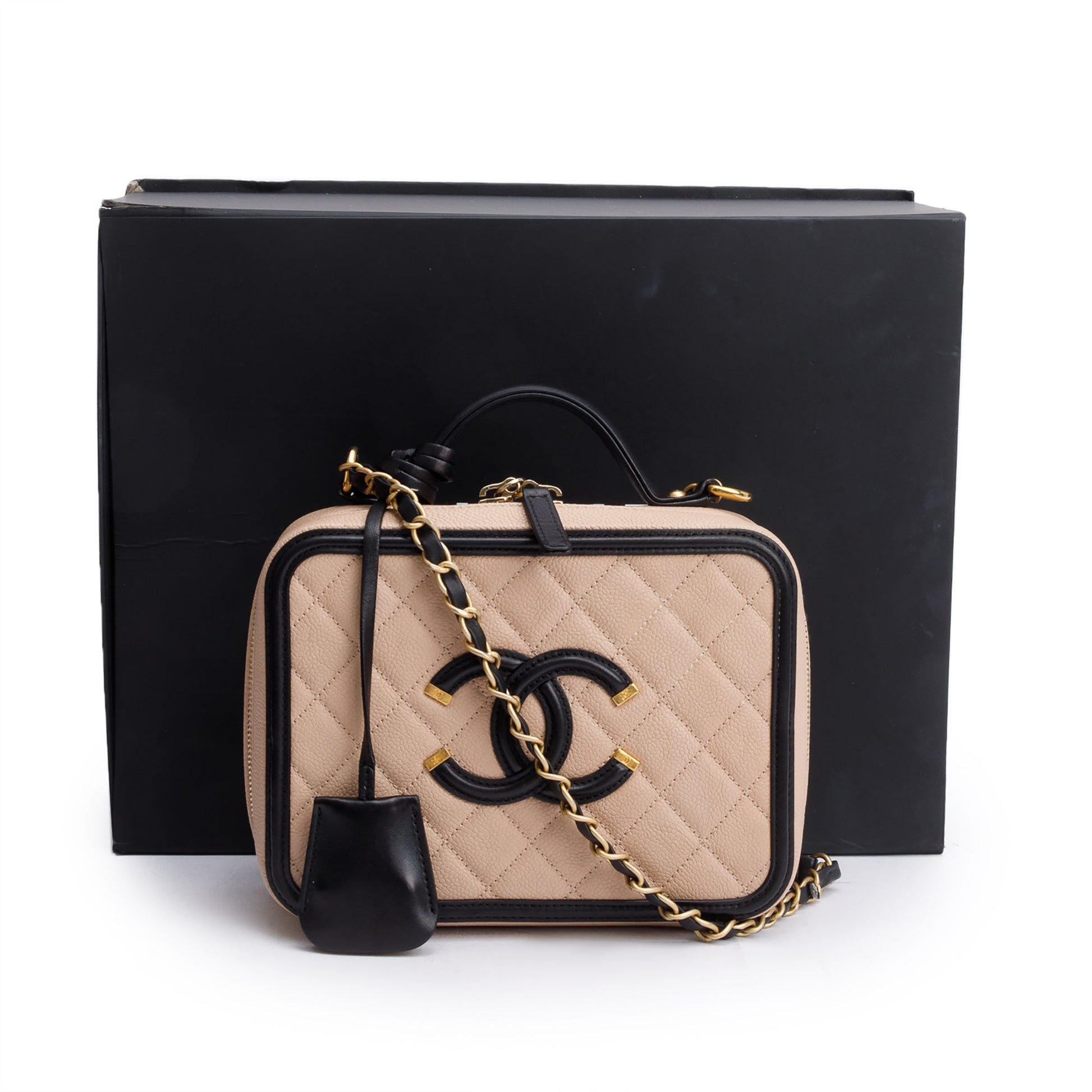 Chanel Caviar Quilted CC Filigree Vanity Leather Beige Travel Bag Authenticity Card