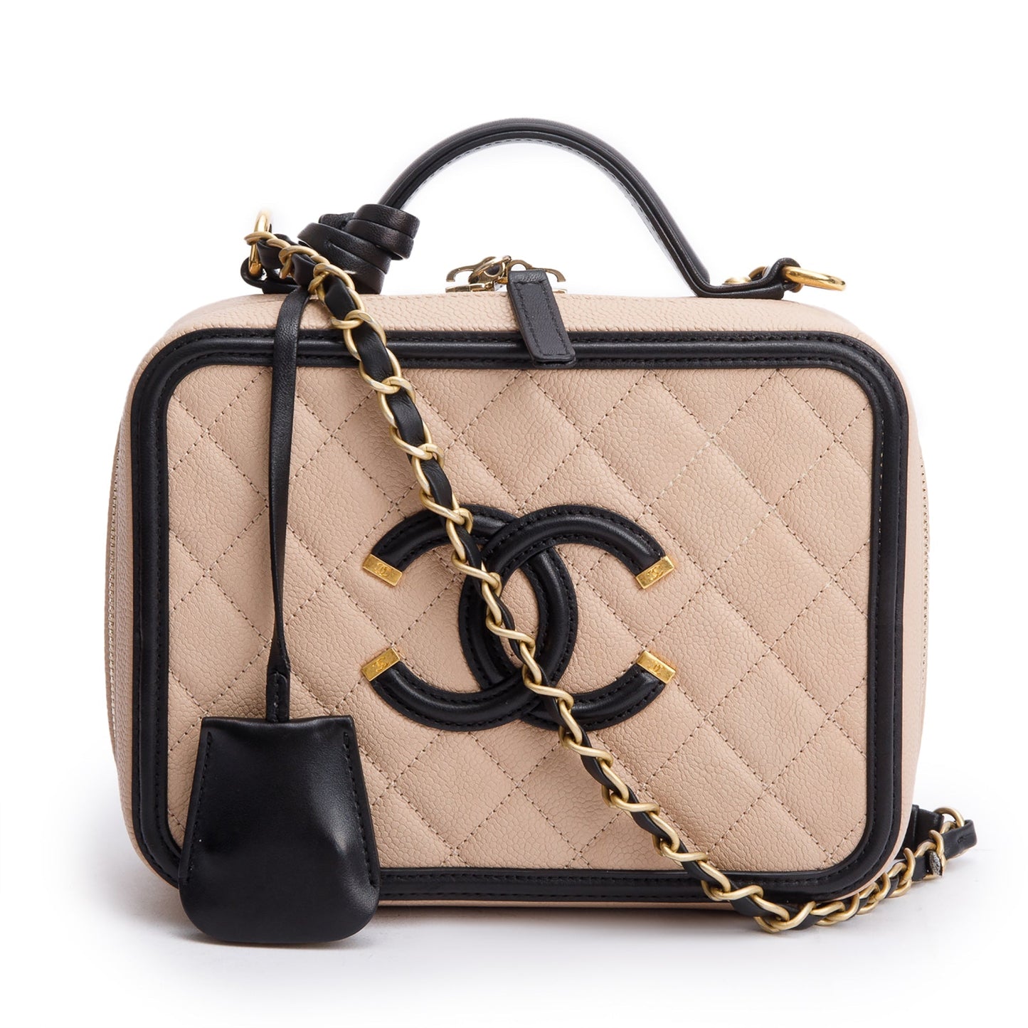 Chanel Caviar Quilted CC Filigree Vanity Leather Beige Travel Bag Authenticity Card