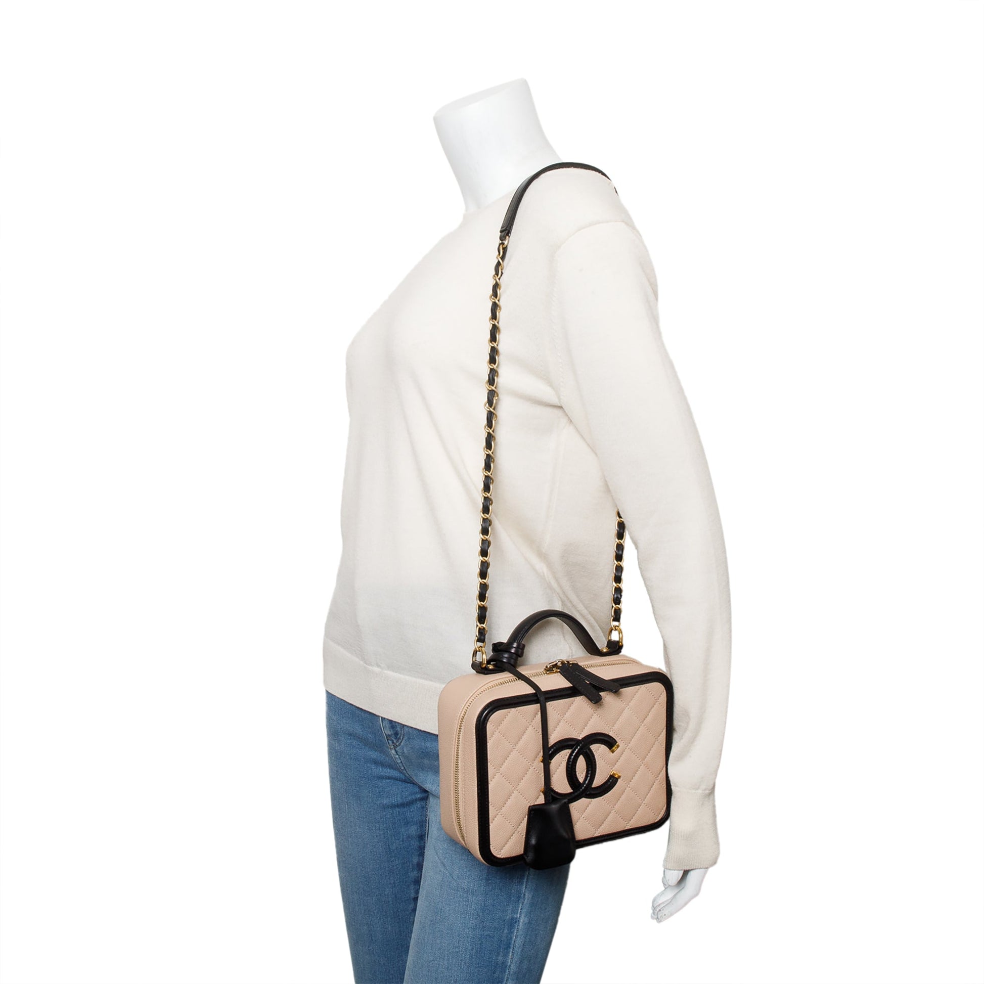 Chanel Caviar Quilted CC Filigree Vanity Leather Beige Travel Bag Authenticity Card