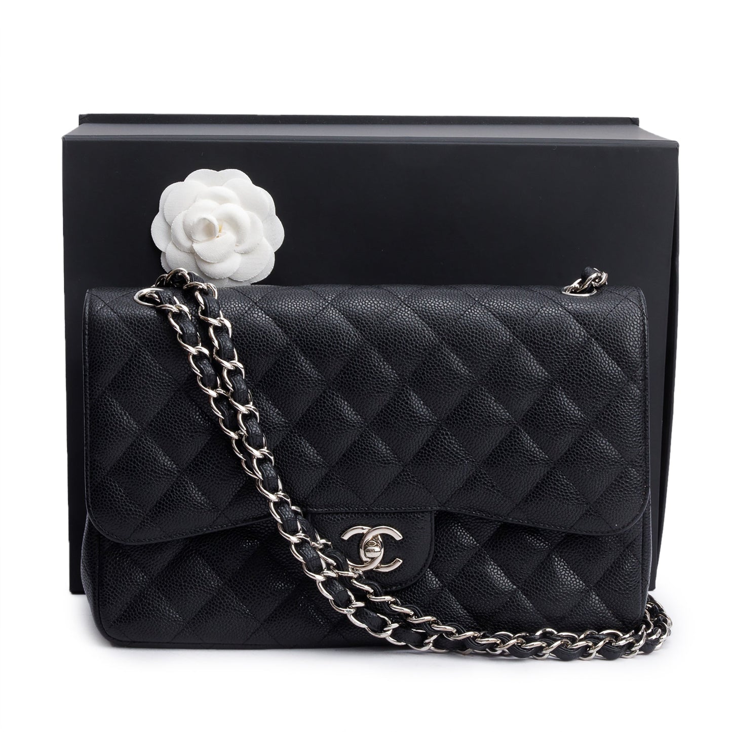 Chanel Quilted Caviar Classic Jumbo Double Leather Black Travel Bag 11