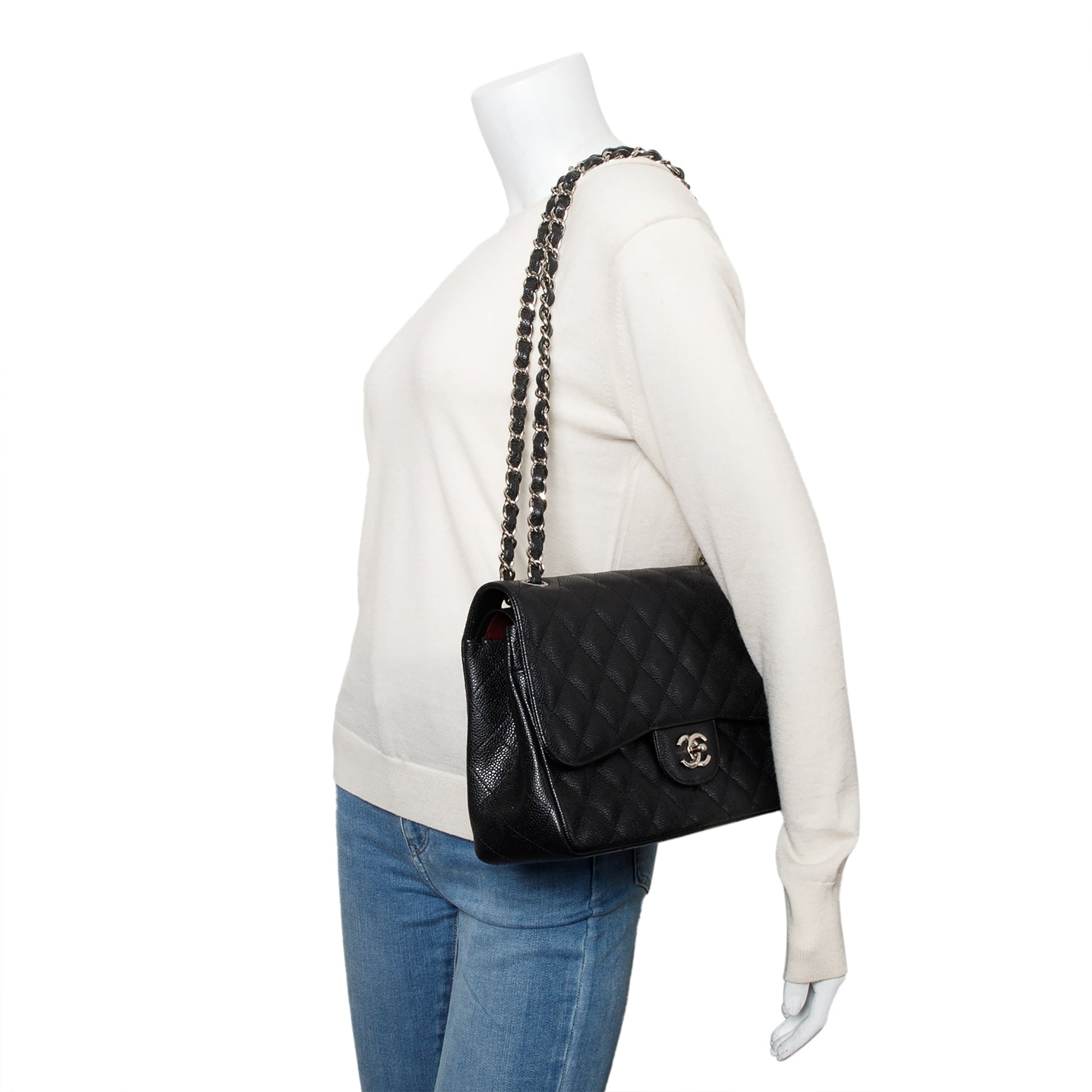 Chanel Quilted Caviar Classic Jumbo Double Leather Black Travel Bag 11