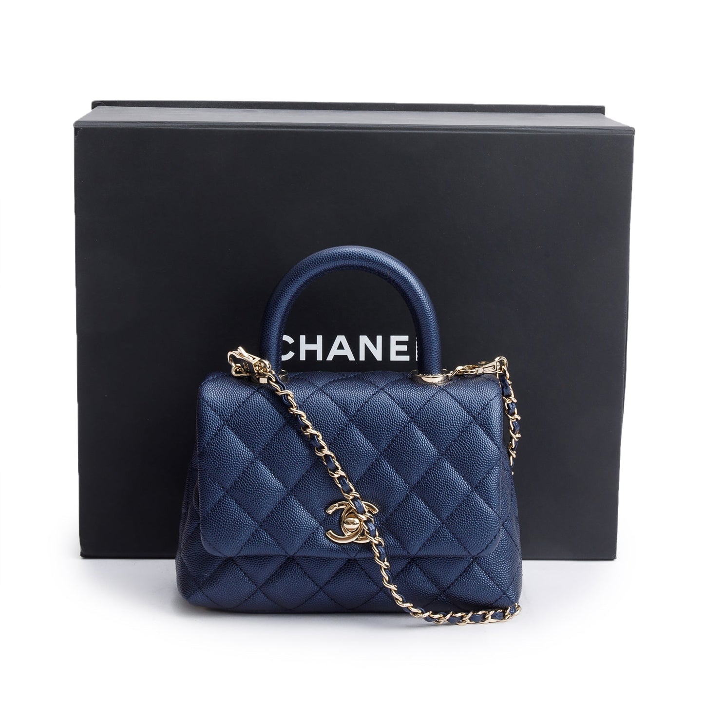 Chanel Irisdescent Quilted Caviar Coco Top Leather Blue Travel Bag