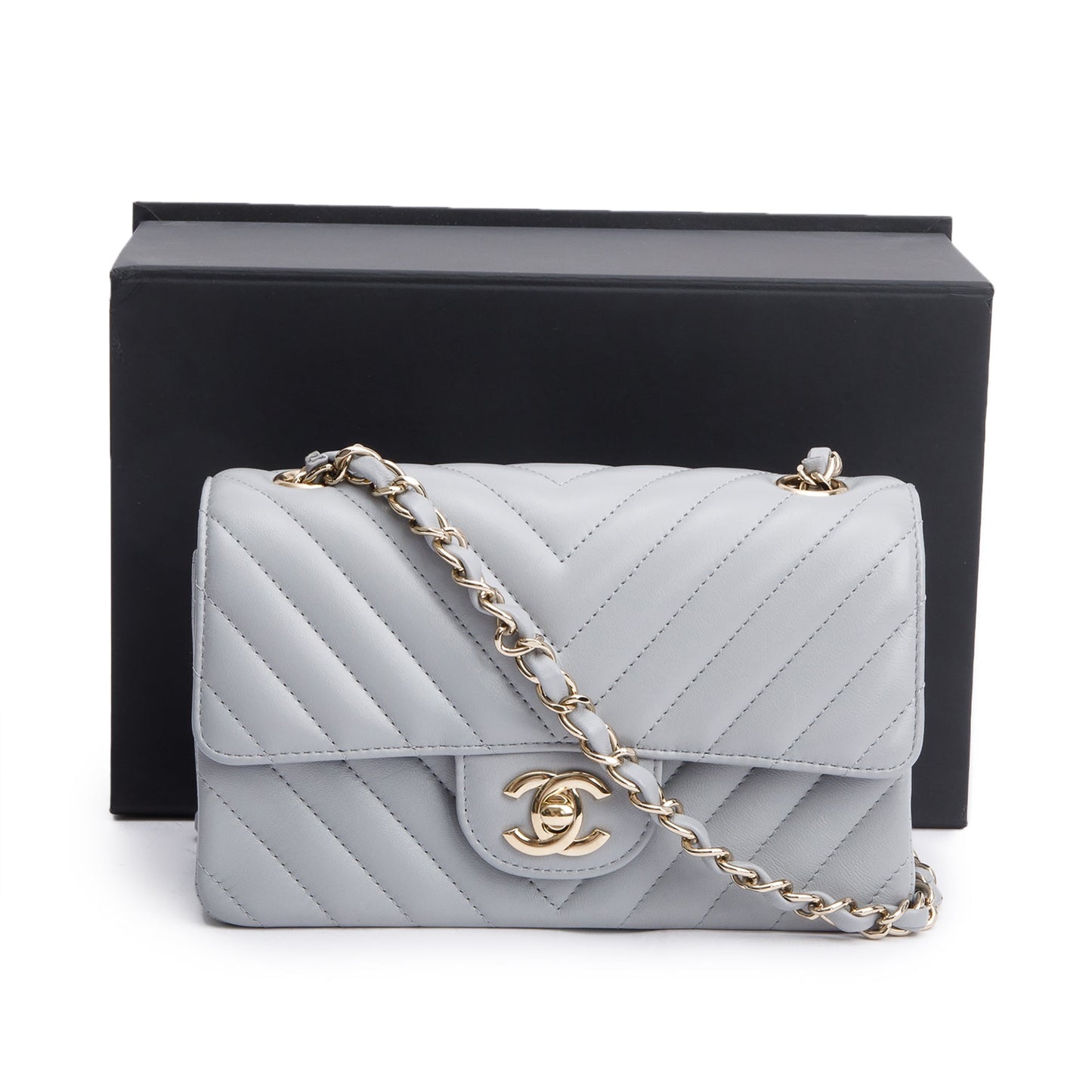 Chanel Chevron Quilted Classic Rectangular Flap Leather Lambskin Grey Travel Bag
