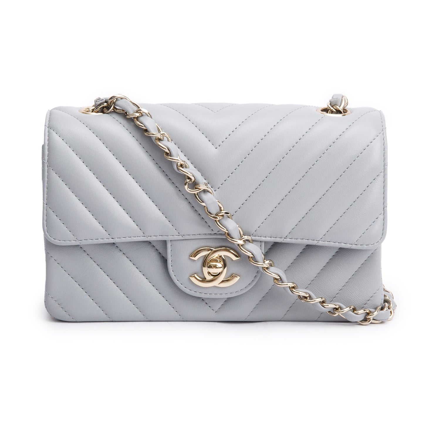 Chanel Chevron Quilted Classic Rectangular Flap Leather Lambskin Grey Travel Bag