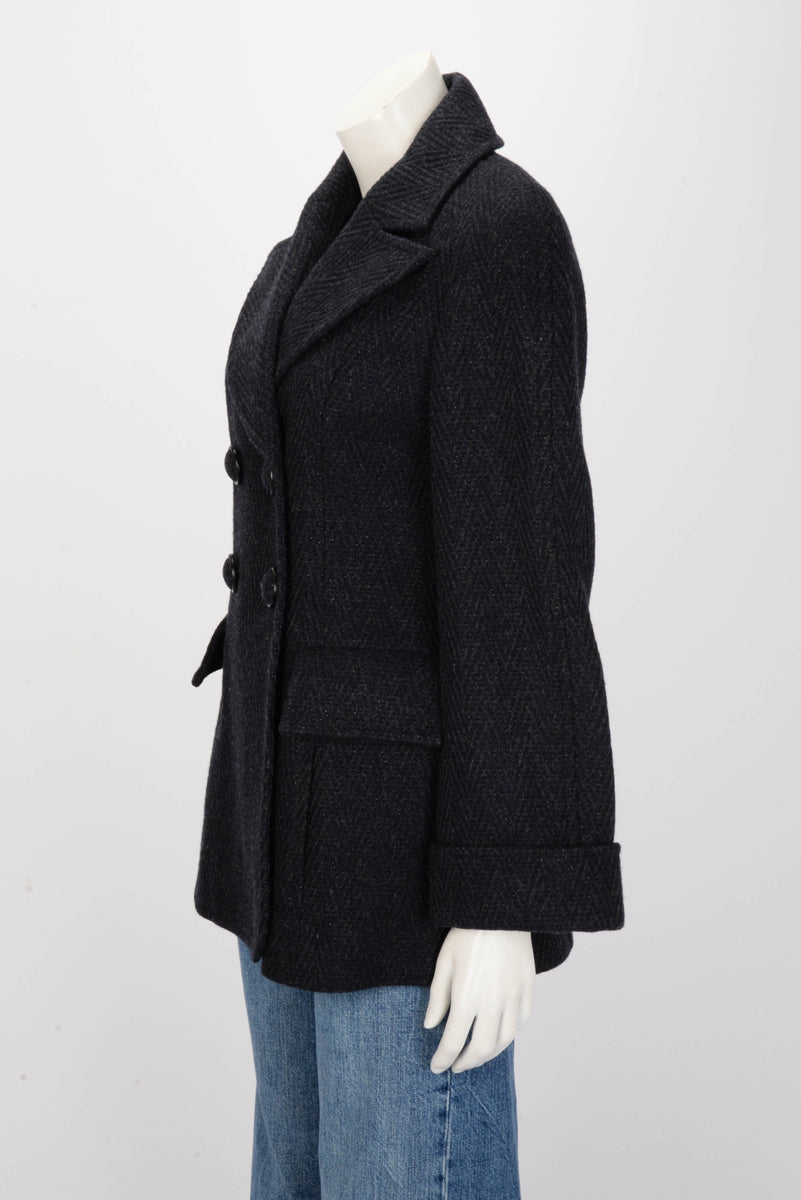 Chanel Navy Herringbone Wool Double Breasted Coat FR 38