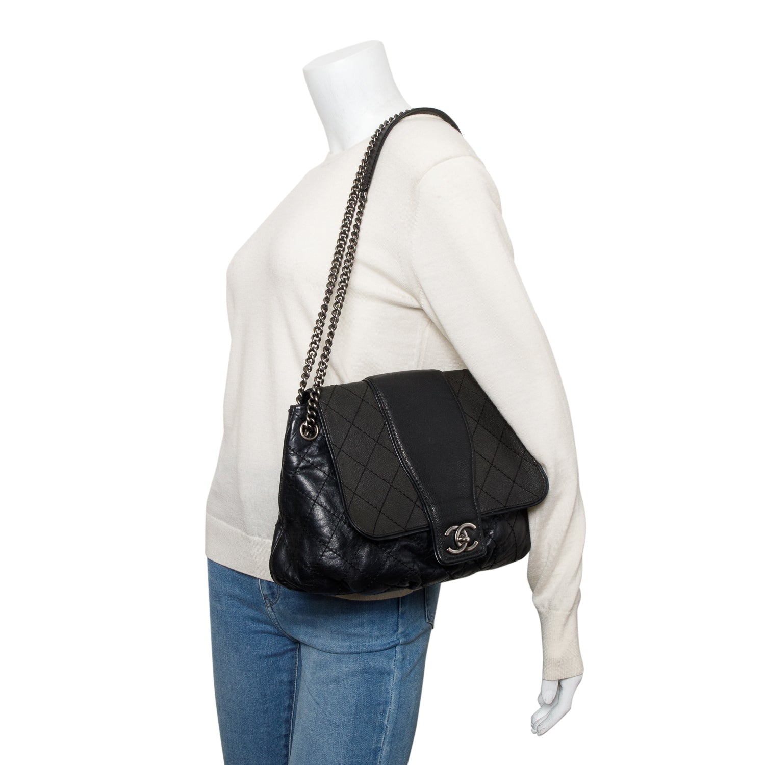 Chanel Aged Bubble Graphic Messenger Leather Calfskin Black Travel Bag