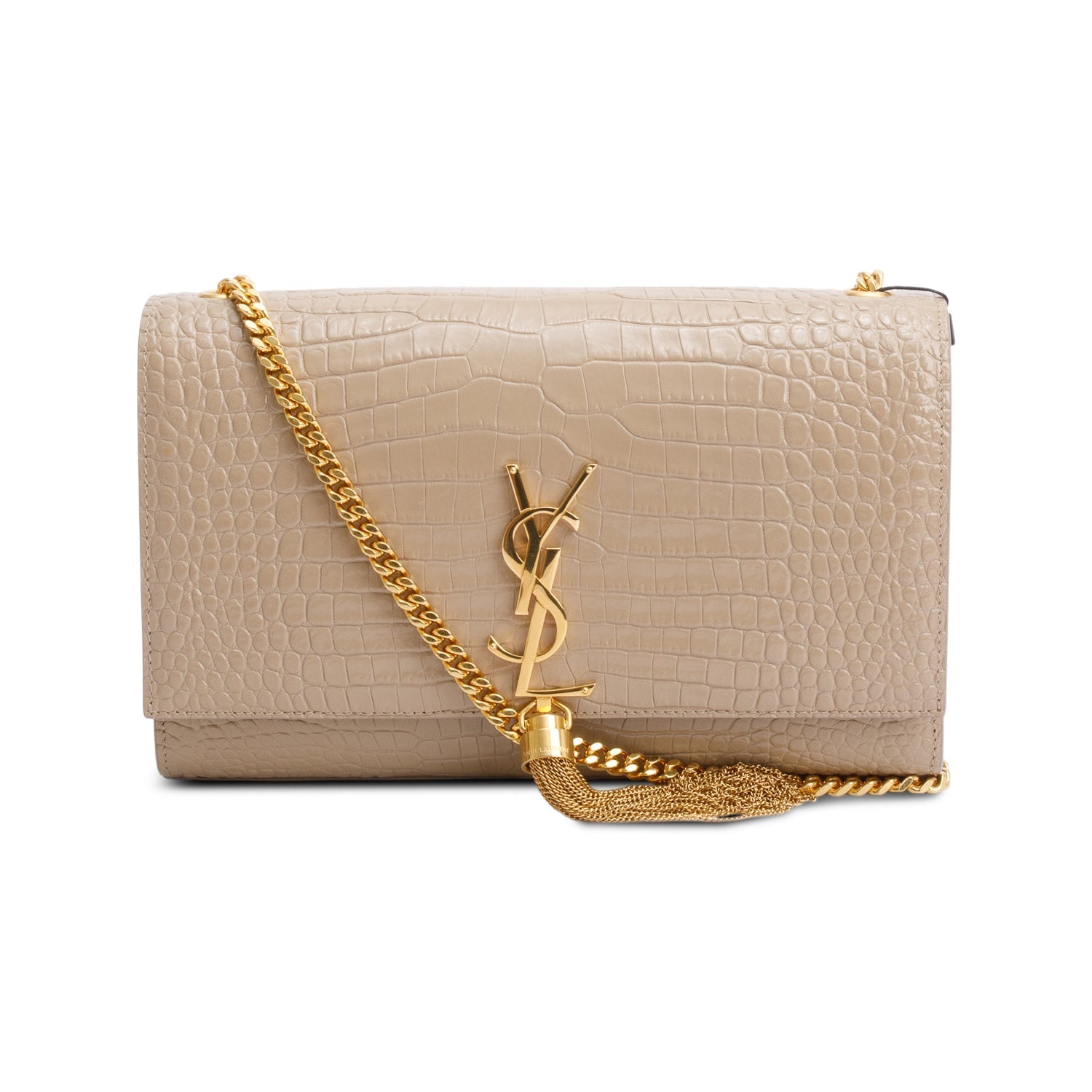 YSL Saint Laurent Crocodile Embossed Medium Classic Kate Tassel Chain Leather Monogram Travel Bag Box 65538