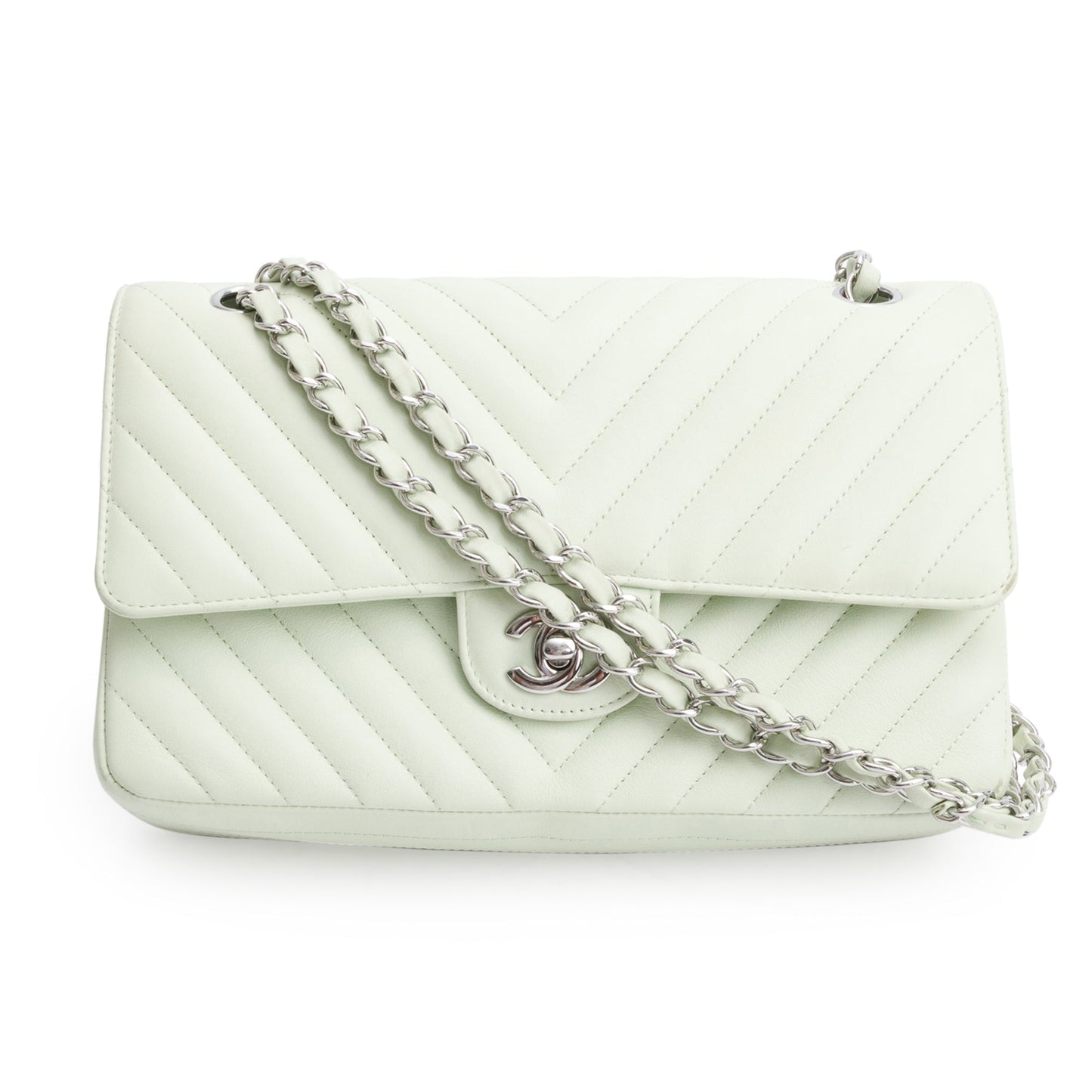 Chanel Chevron Classic Double Flap Leather Lambskin Green Travel Bag