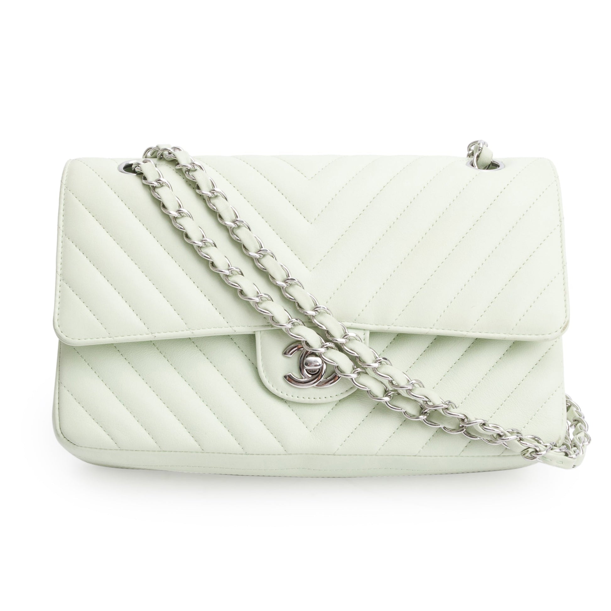 Chanel Chevron Classic Double Flap Leather Lambskin Green Travel Bag
