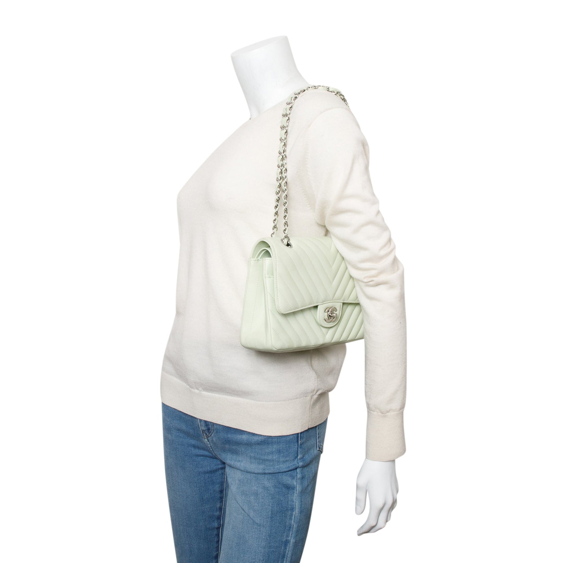 Chanel Chevron Classic Double Flap Leather Lambskin Green Travel Bag