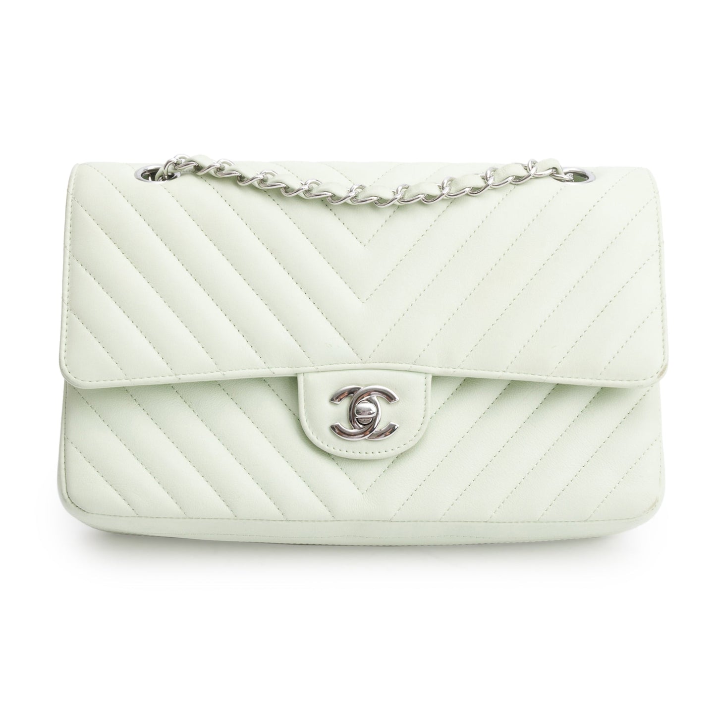 Chanel Chevron Classic Double Flap Leather Lambskin Green Travel Bag
