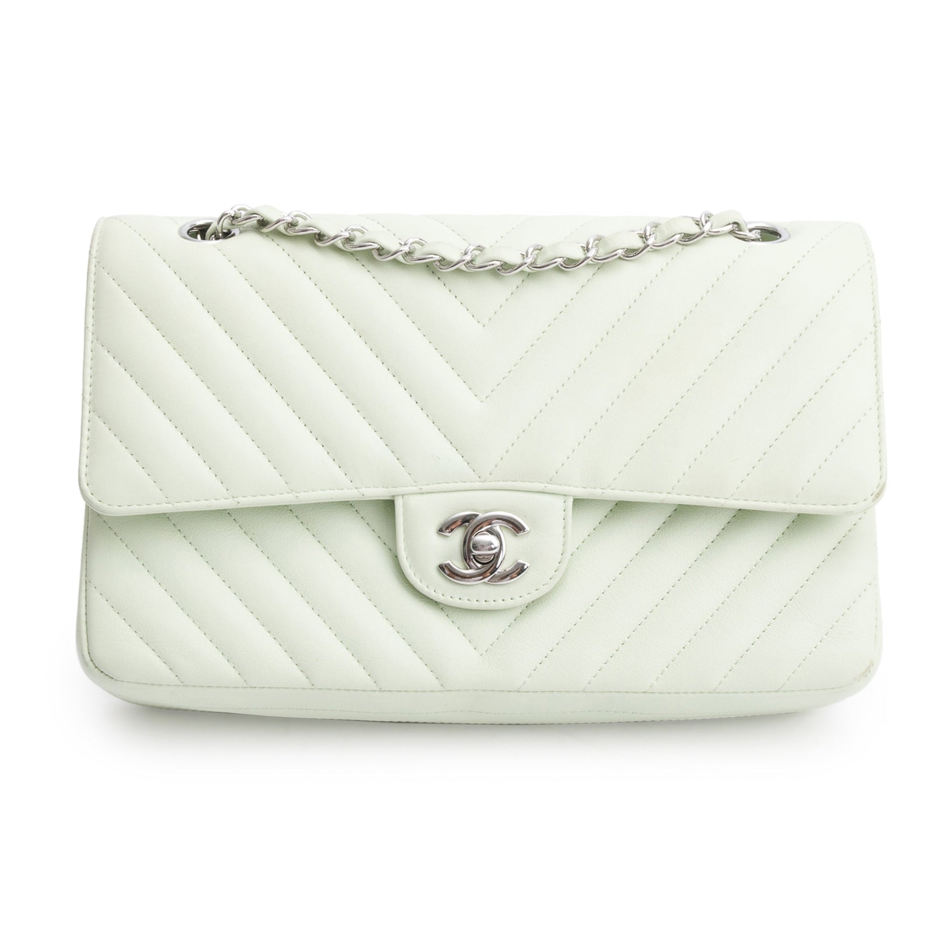 Chanel Chevron Classic Double Flap Leather Lambskin Green Travel Bag