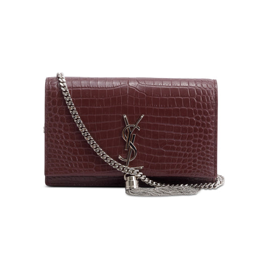 YSL Saint Laurent Burgundy Croc Embossed Kate Tassel Wallet On Leather Chain Crossbody Bag