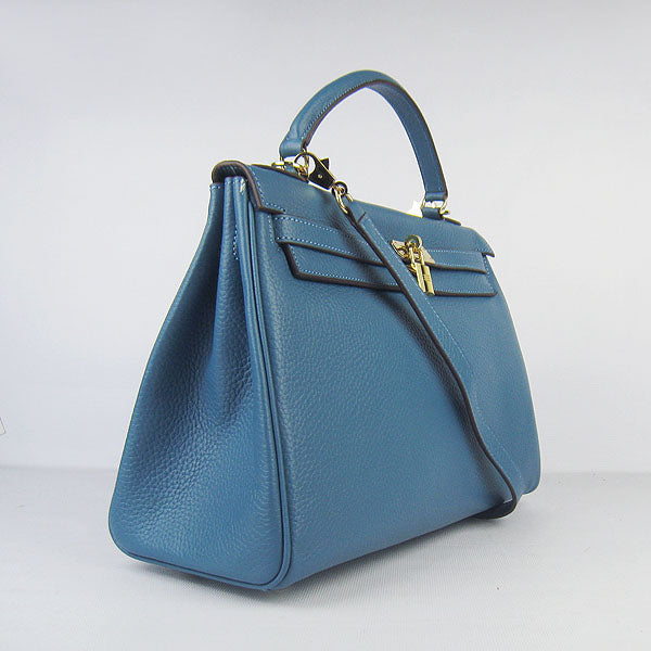 Hermes Luxury Kelly Cm Togo Handbag Golden Leather Blue Travel Bag