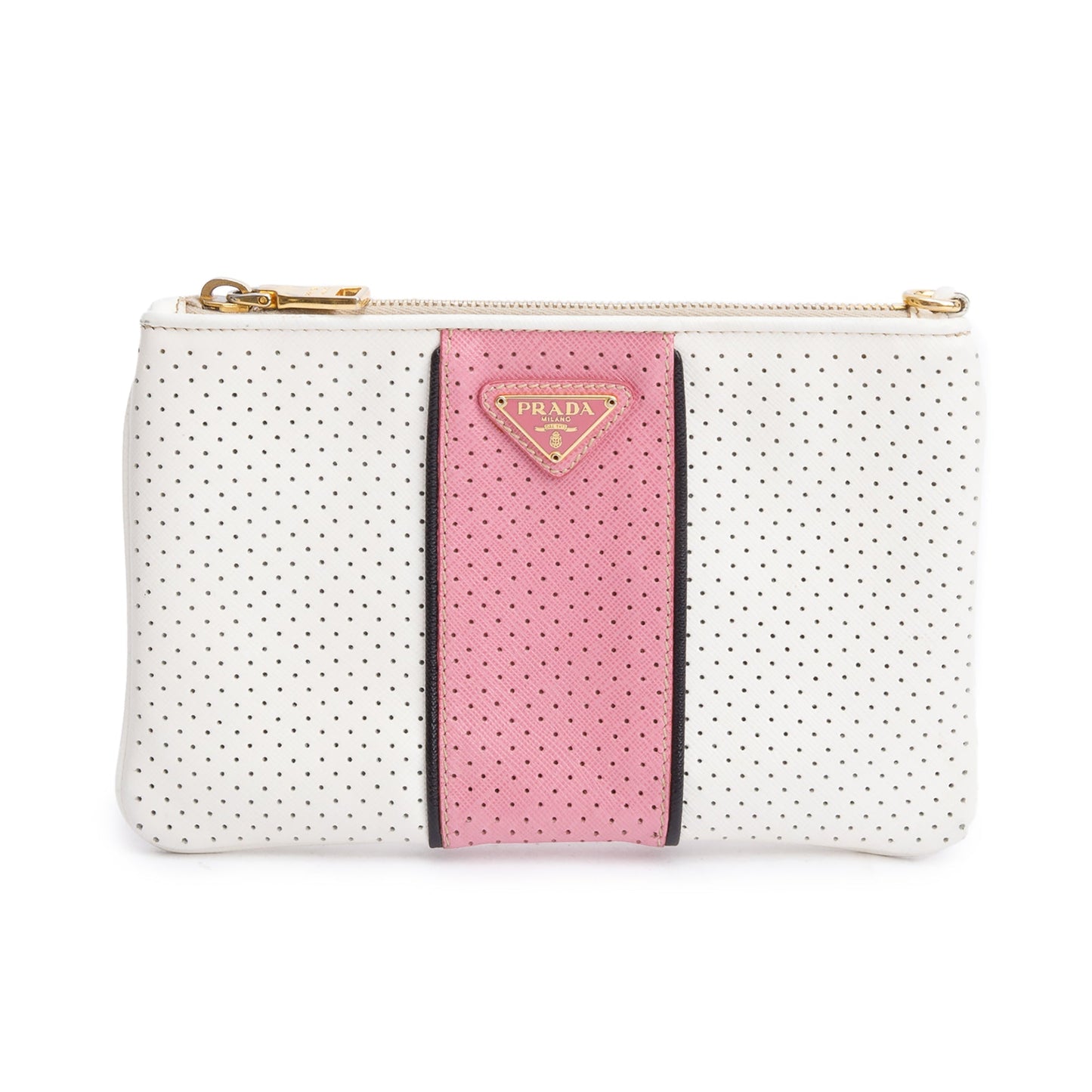 Prada Saffiano Cuir Perforated Clutch Handbag White Pink Clutch Bag