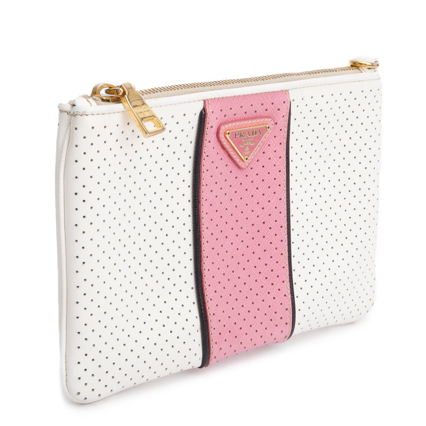 Prada Saffiano Cuir Perforated Clutch Handbag White Pink Clutch Bag
