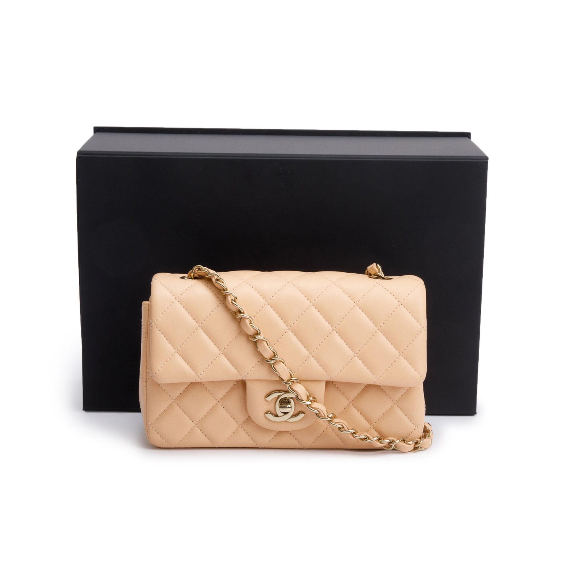 Chanel Quilted Classic Rectangular Flap Leather Lambskin Beige Travel Bag Box Receipt