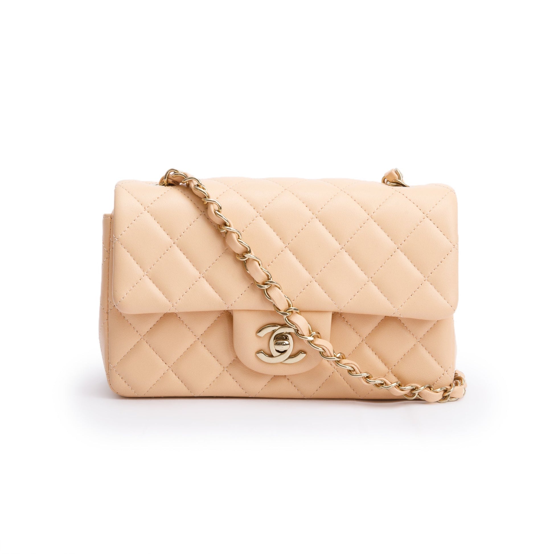 Chanel Quilted Classic Rectangular Flap Leather Lambskin Beige Travel Bag Box Receipt