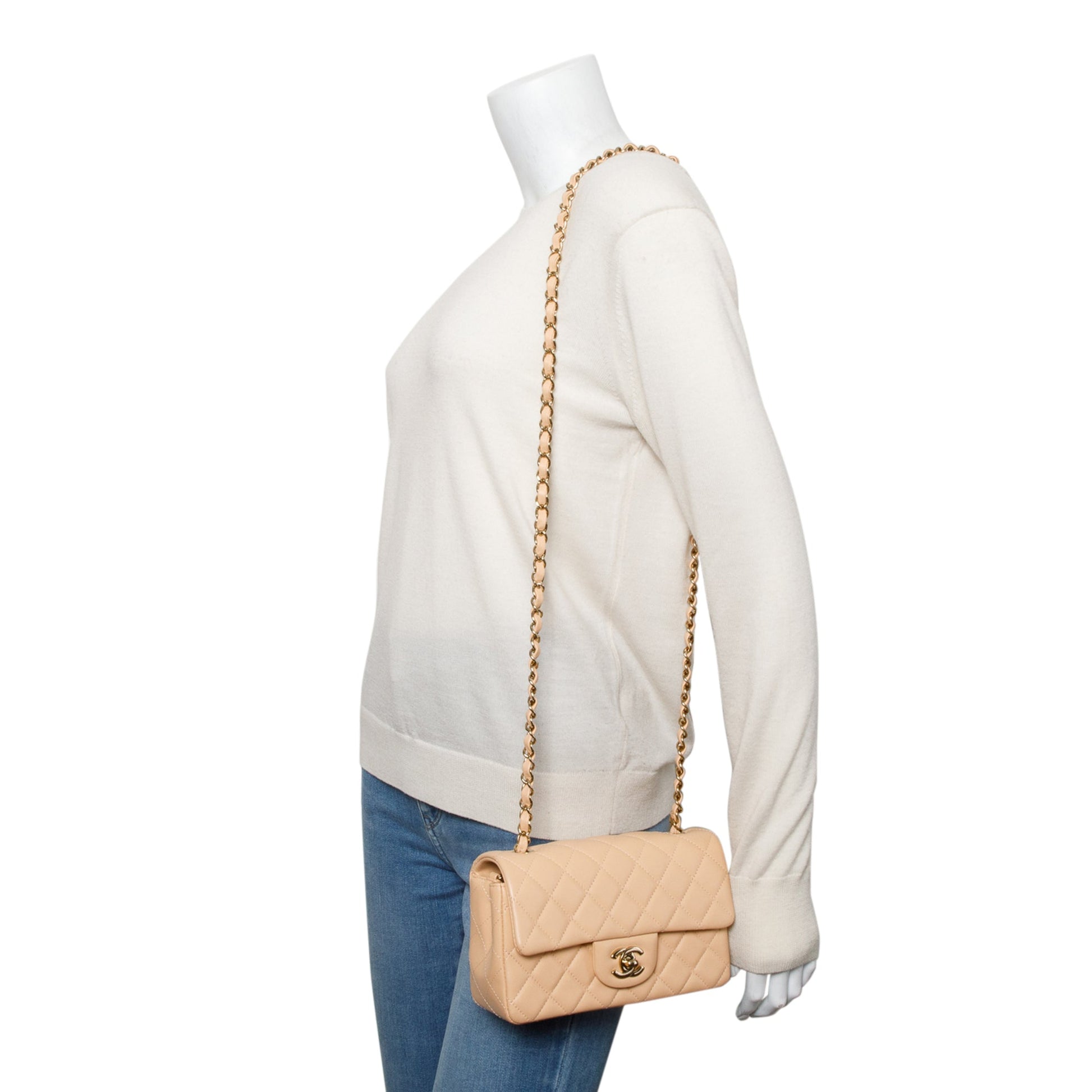 Chanel Quilted Classic Rectangular Flap Leather Lambskin Beige Travel Bag Box Receipt