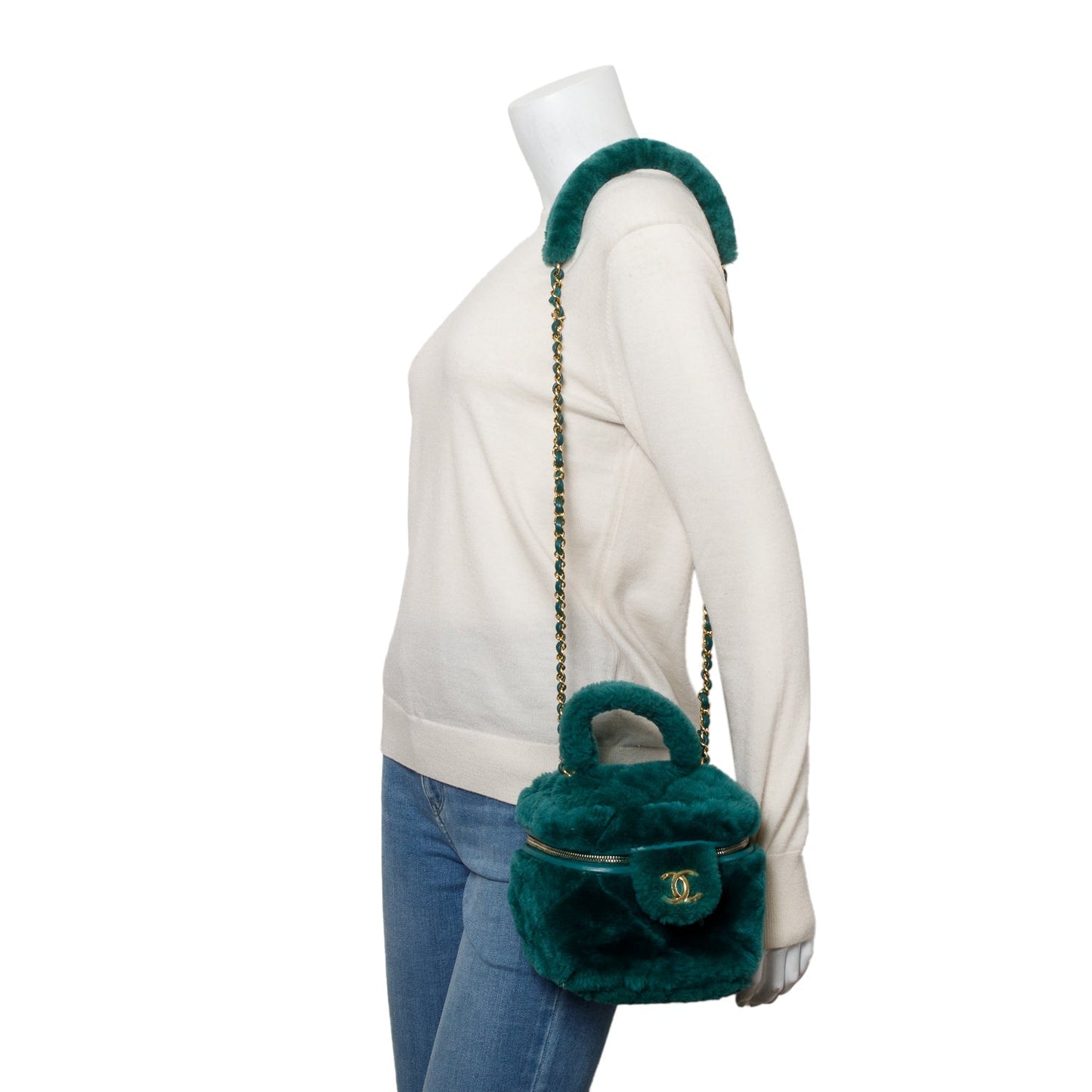 Chanel Shearling Top Handle Vanity Green Travel Bag